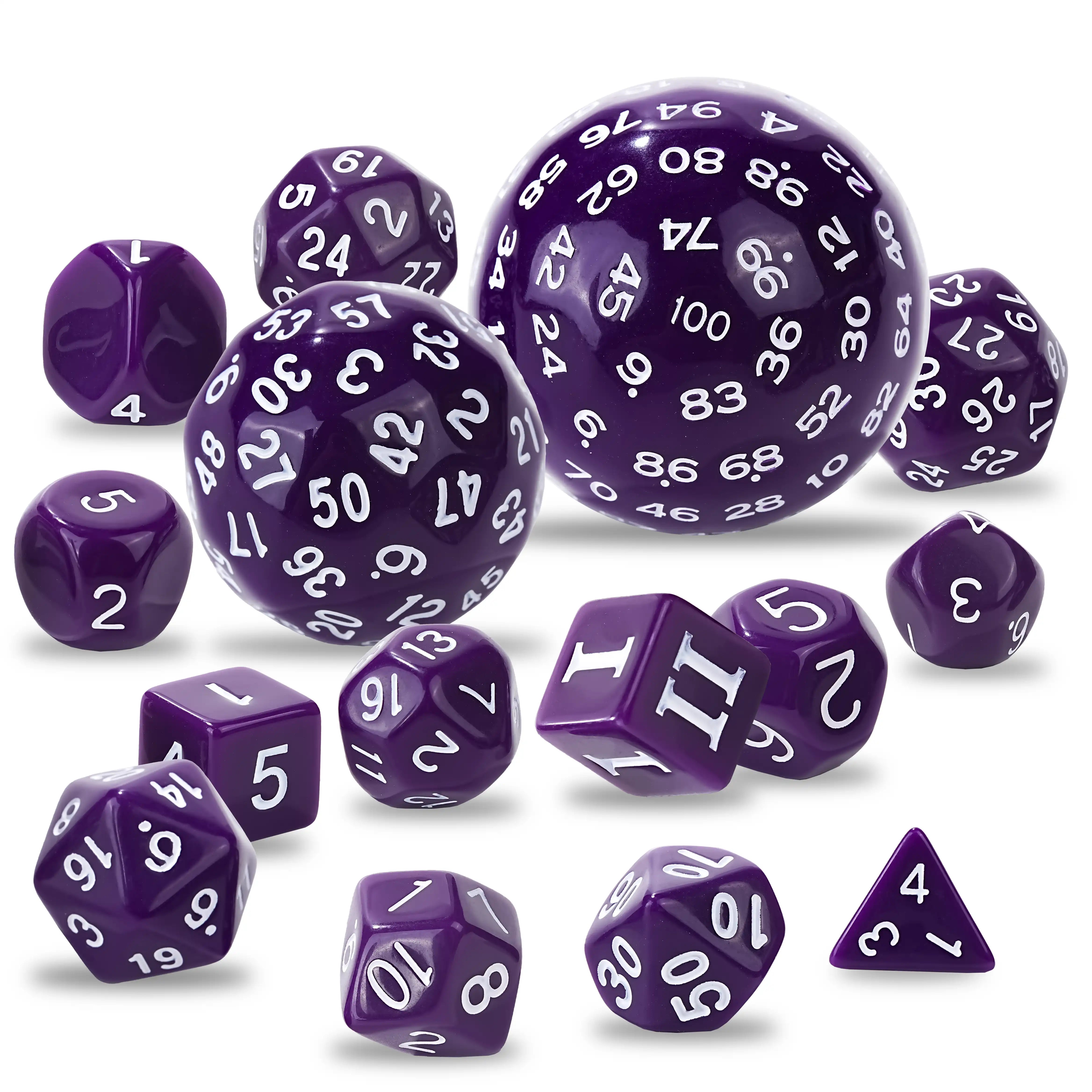 Complete RPG dice set from D3 to D100 in purple acrylic | BearDice
