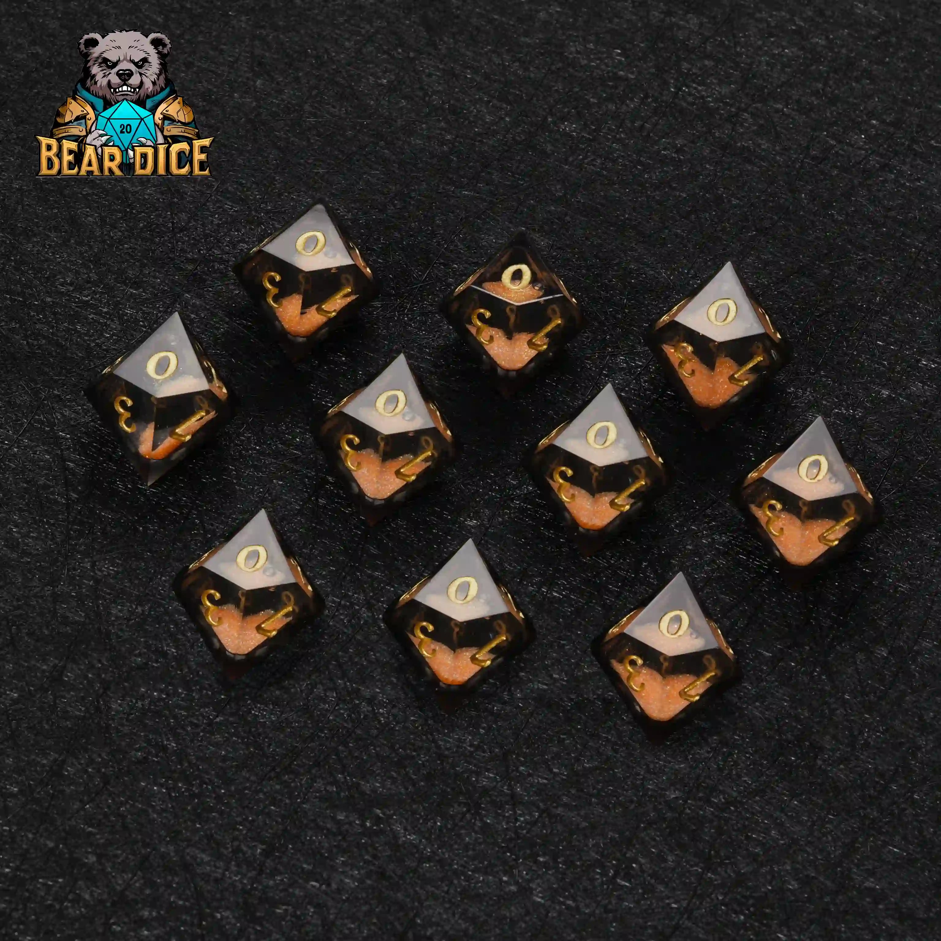 Premium D10 dice set featuring liquid-core resin and dynamic orange particles
