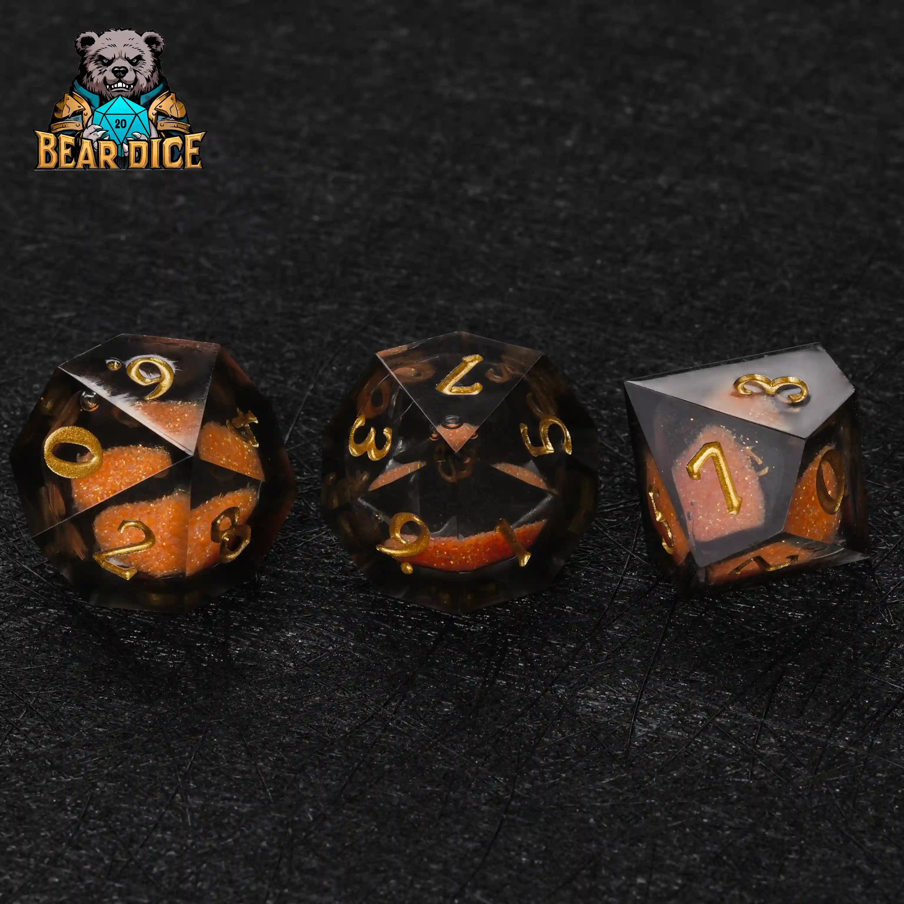 Orange Quicksand D10 resin dice set with shimmering liquid effect