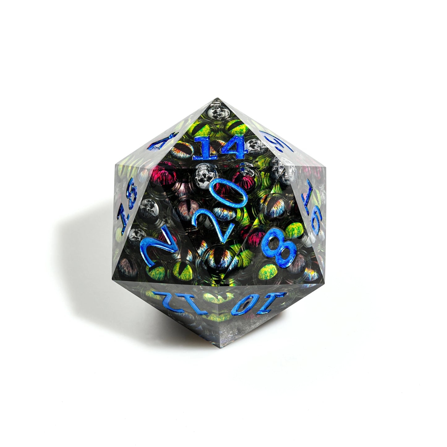 Multifaceted Illusion - 95mm Jumbo D20 Eyeball Resin Dice + Silver Numbers | Bear Dice