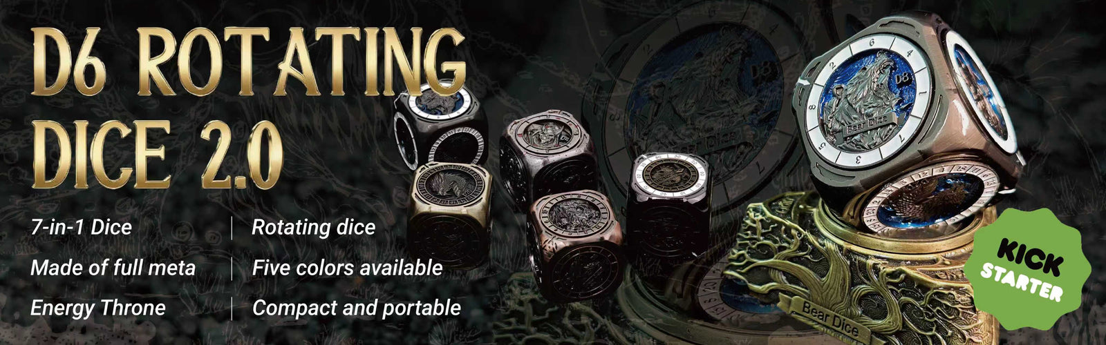 D6 Rotating Dice 2.0 Metal Rotating Dice, 7-in-1 All-Metal, Available in Multiple Colors, Kickstarter Promotional Image | BearDice