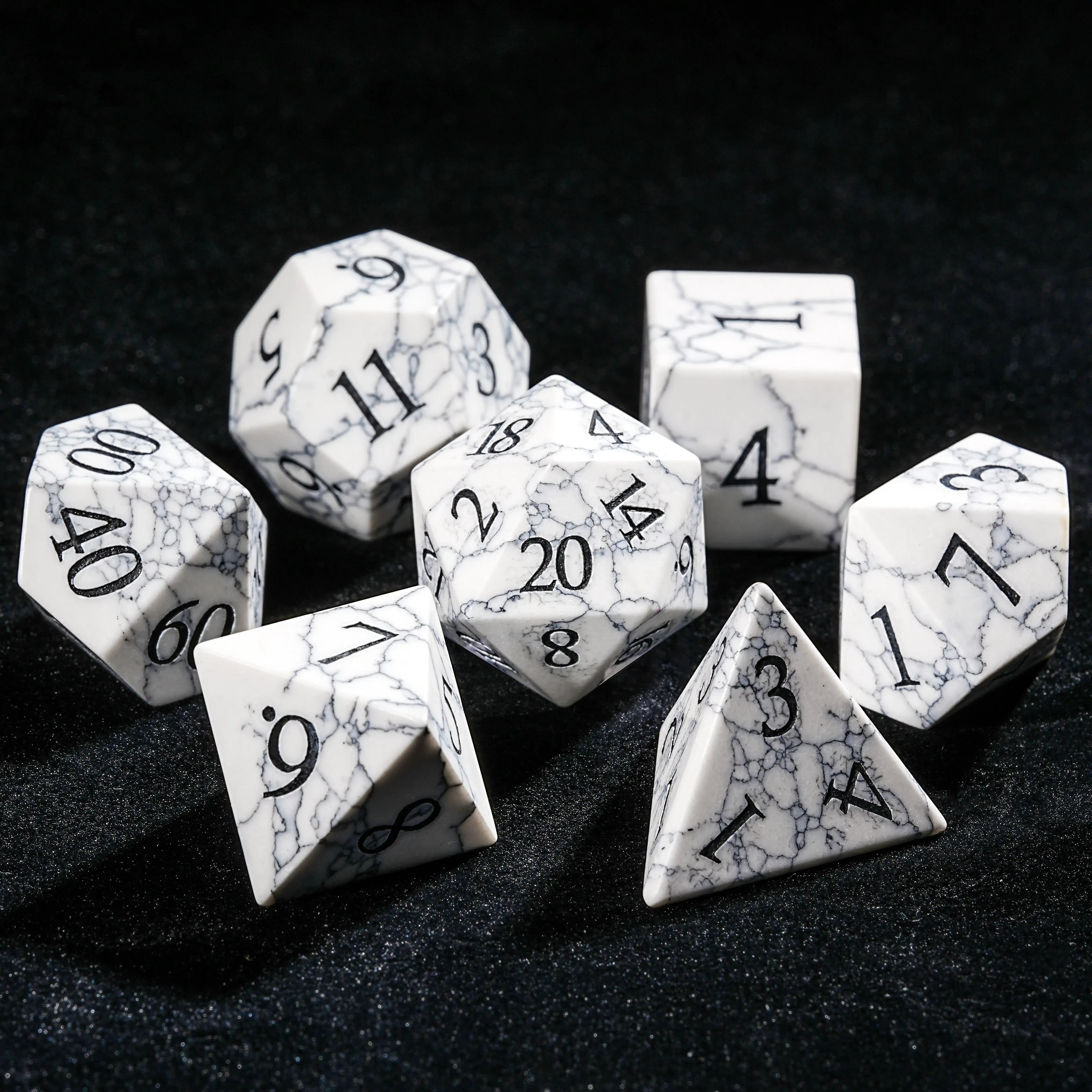 White Turquoise (Howlite) Gemstone Dice Set with Black Veining & Numbers