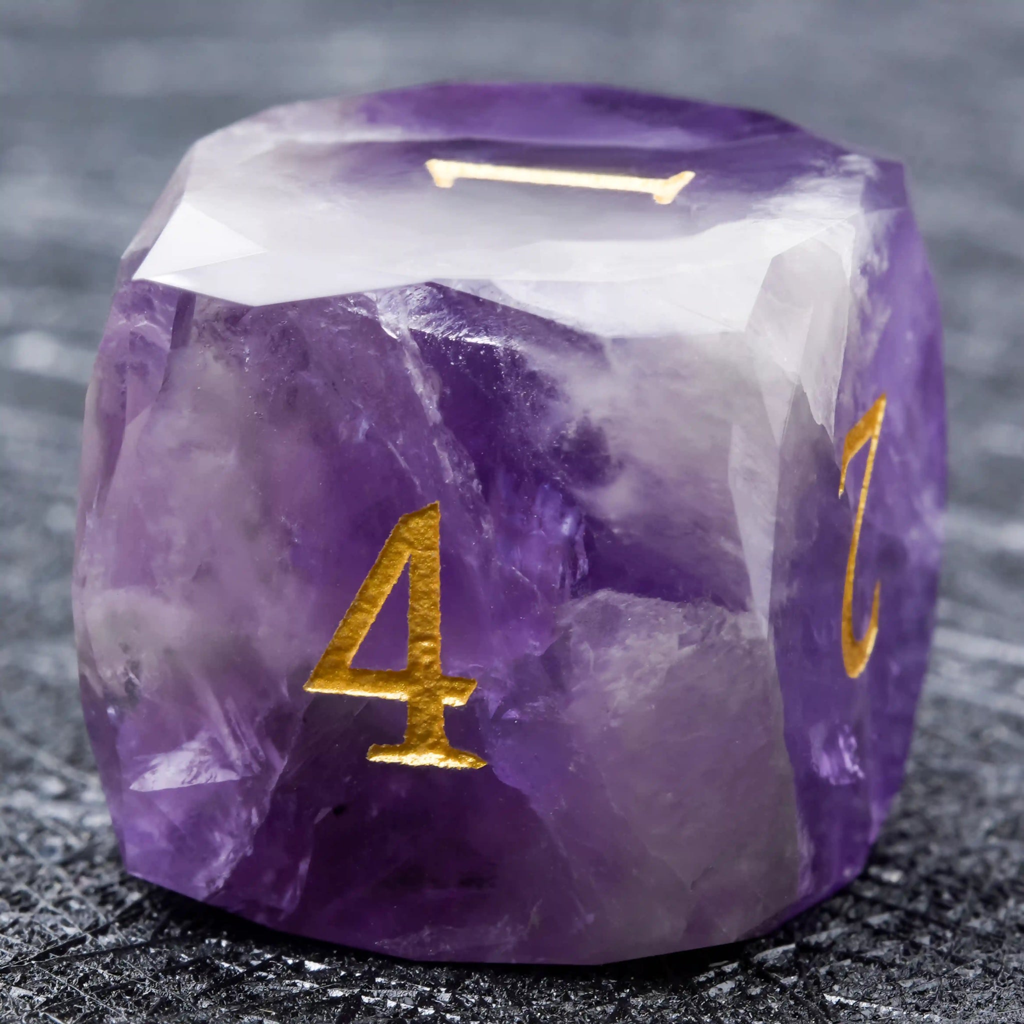 DND Multifaceted Natural Amethyst D6 Dice, Engraved with Gold Numbers | Bear Dice