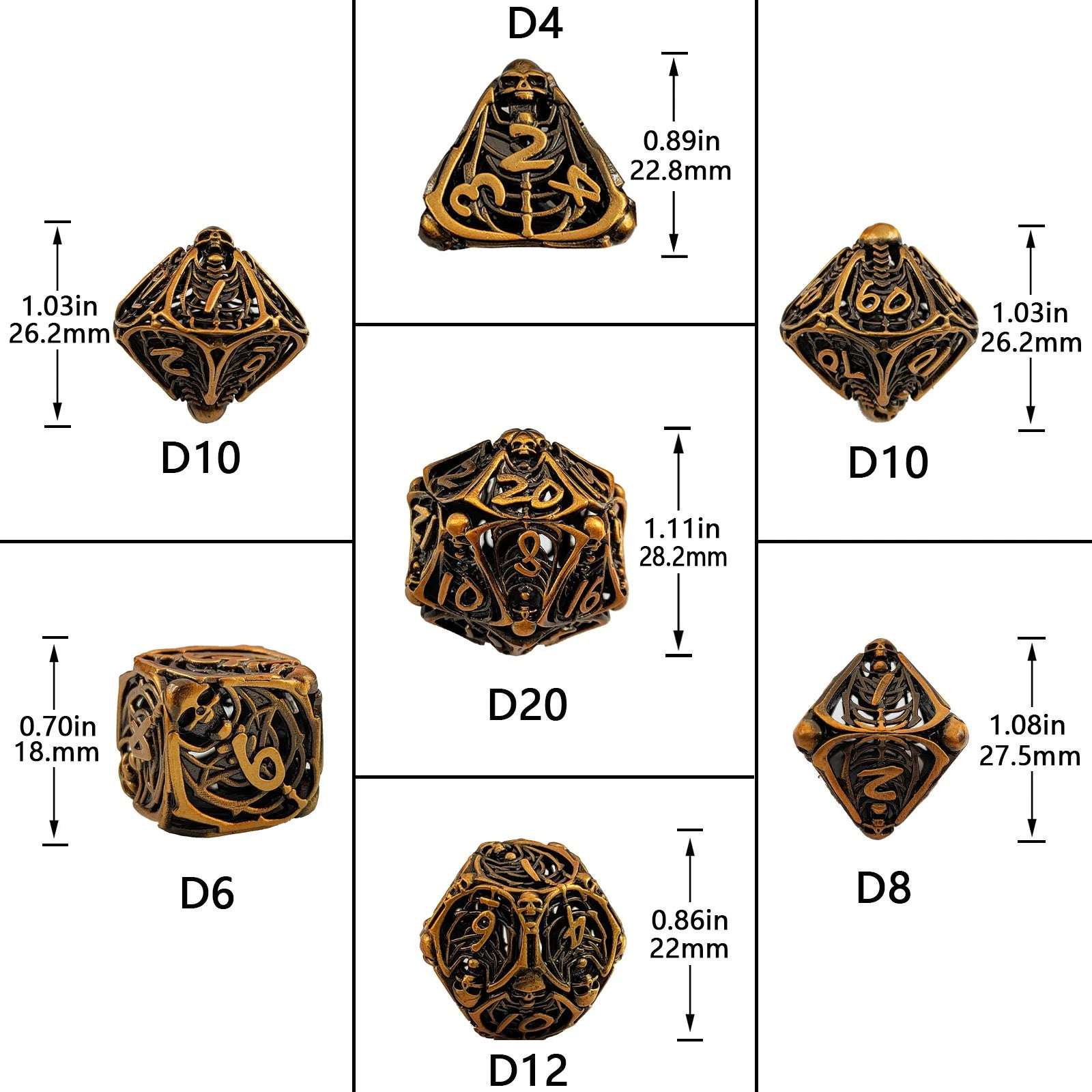 DND Necromancer Metal Skeleton Dice Set Dimensions: D4≈22.8mm; D6≈16mm; D8≈27.5mm; D10, D10≈26.2mm; D12≈22mm; D20≈28.2mm | Bear Dice