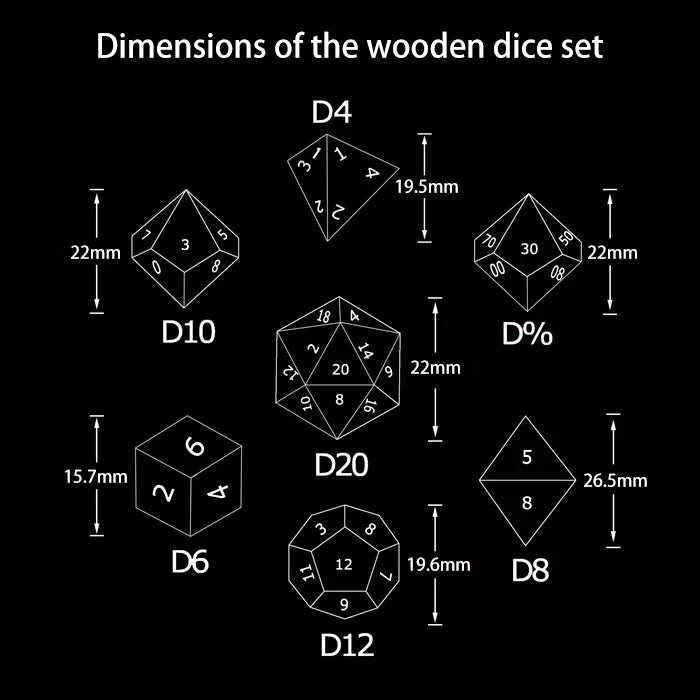 DND Wooden Polyhedral Dice Set Dimensions: D20 ≈ 22mm, D6 ≈ 15.7mm, D4 ≈ 19.5mm, D12 ≈ 19.6mm, D8 ≈ 26.5mm, D10 ≈ 22mm | Bear Dice