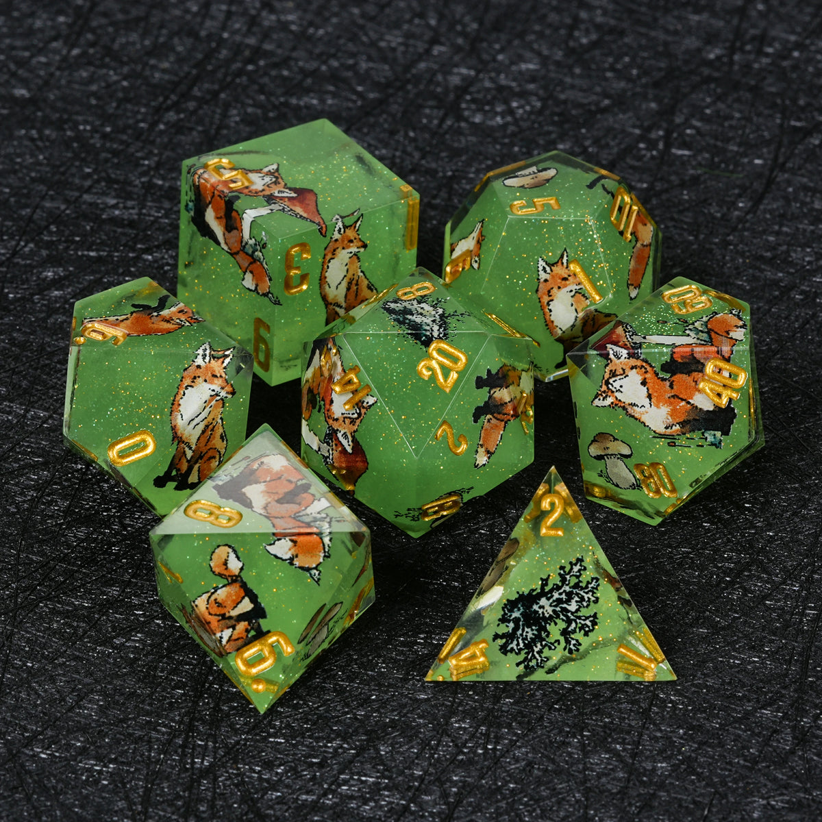 Fox Resin Dice Set Green Glitter with Gold Numbers