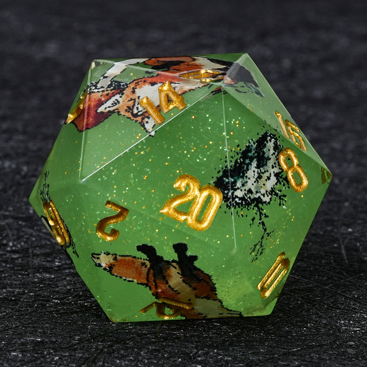 Fox Resin Dice Set Green Glitter with Gold Numbers