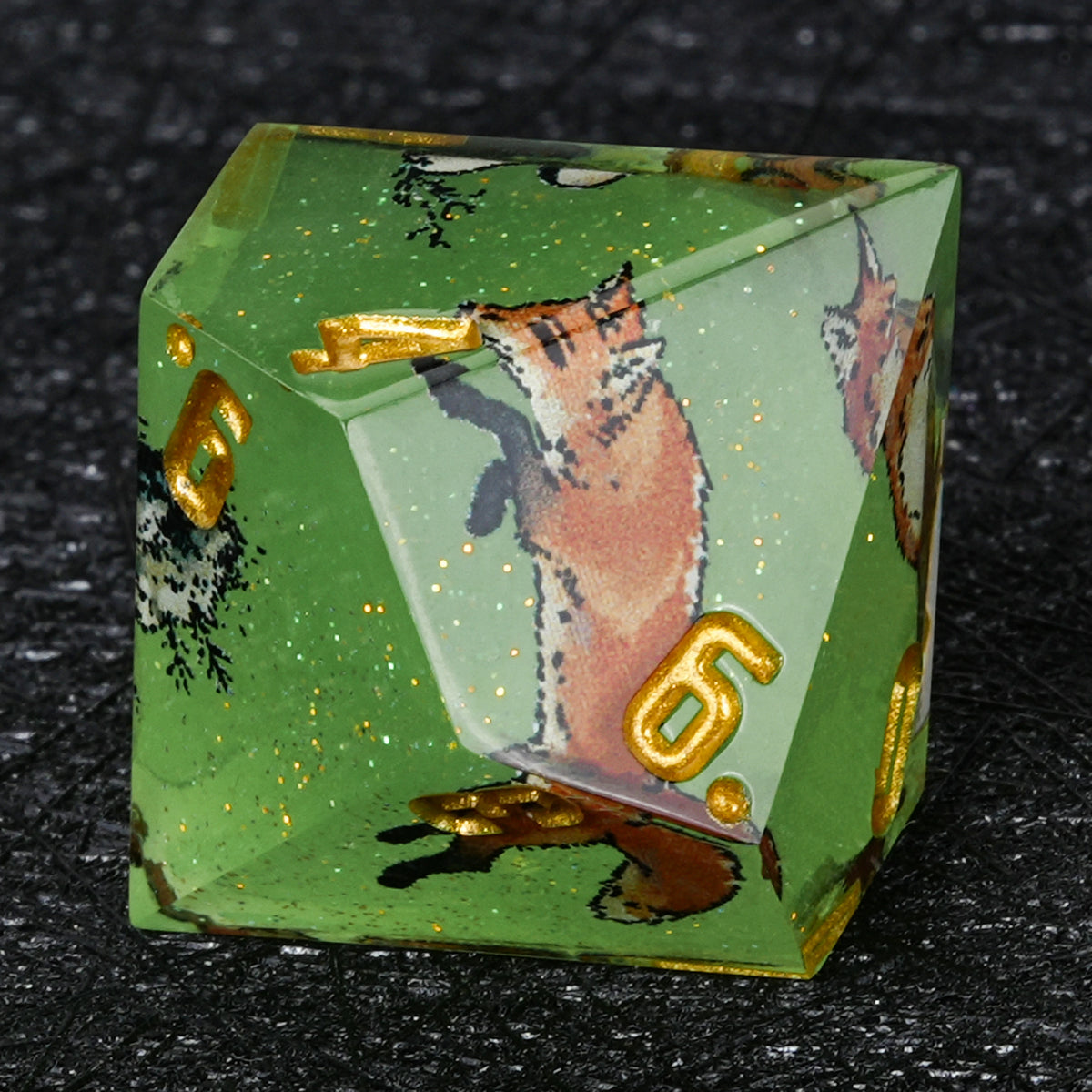 Fox Resin Dice Set Green Glitter with Gold Numbers