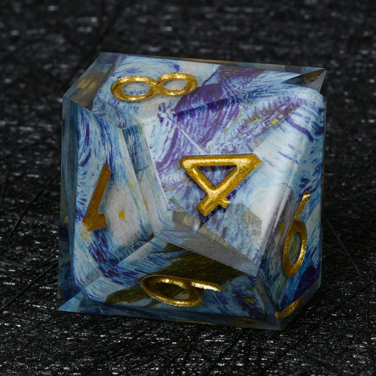 Blue & Purple Decal Resin Dice Set with Gold Numbers