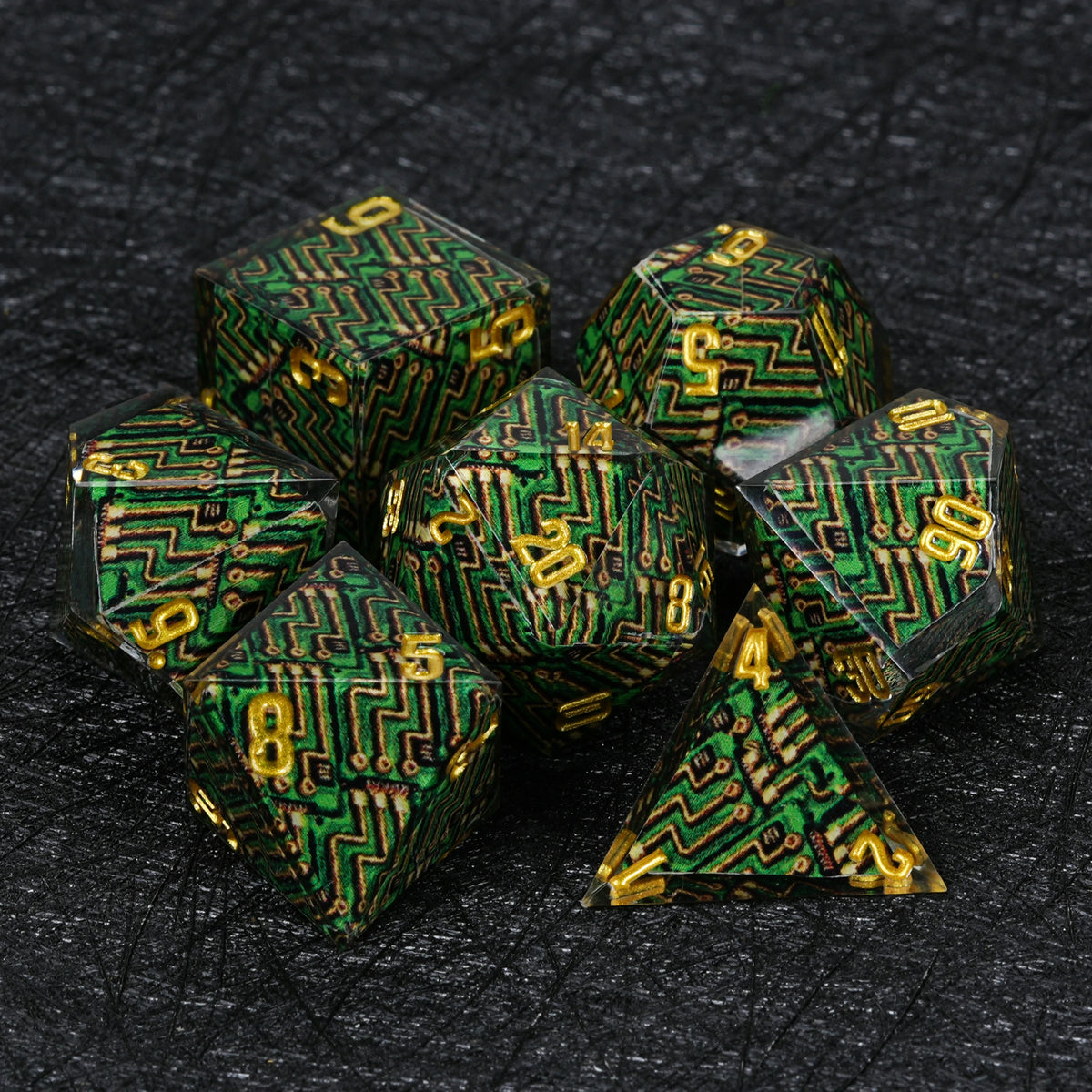 Circuit Board Resin Dice Set Green with Gold Numbers