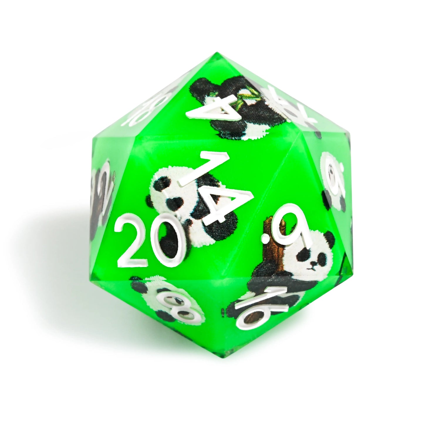 Panda Decal Green Resin DND  D20 Dice + White Font | Bear Dice