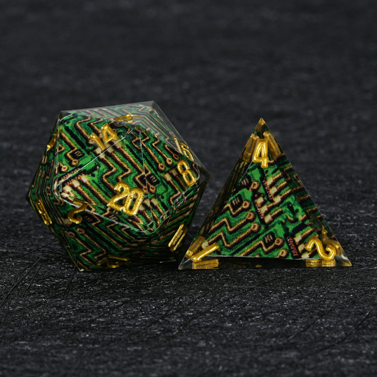 Circuit Board Resin Dice Set Green with Gold Numbers