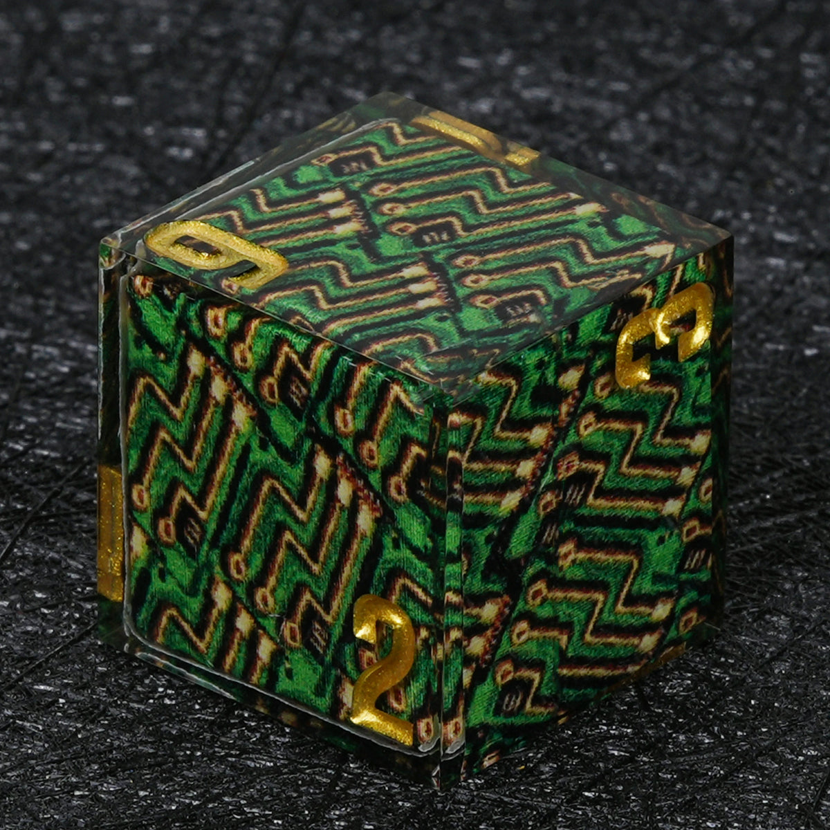 Circuit Board Resin Dice Set Green with Gold Numbers