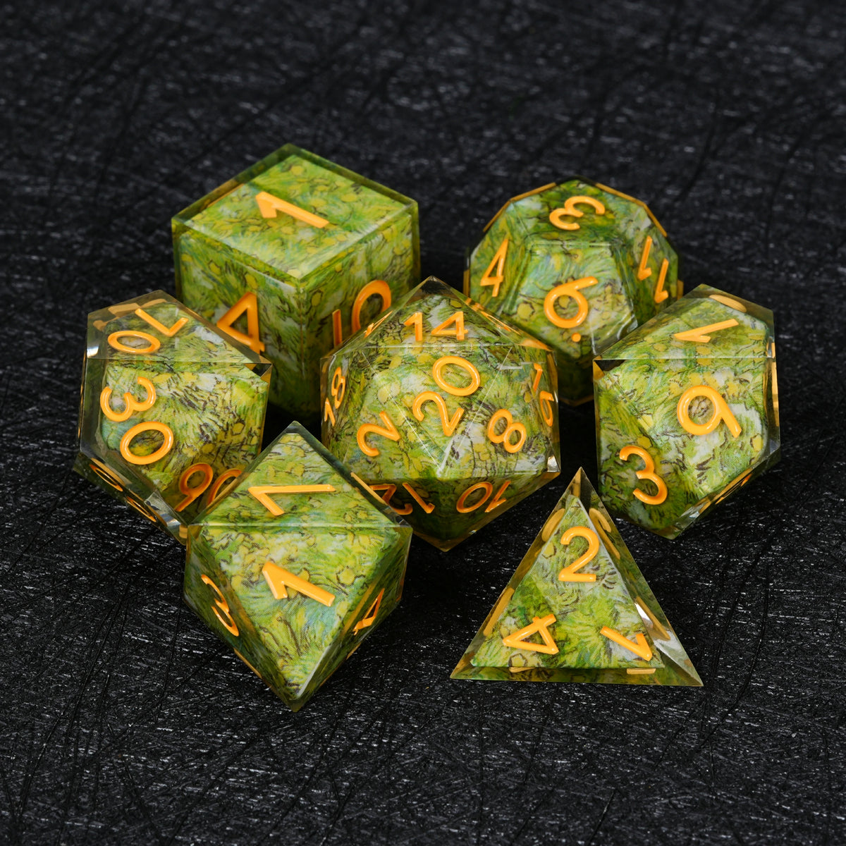 Yellow-Green Botanical Resin Dice Set with Orange Numbers