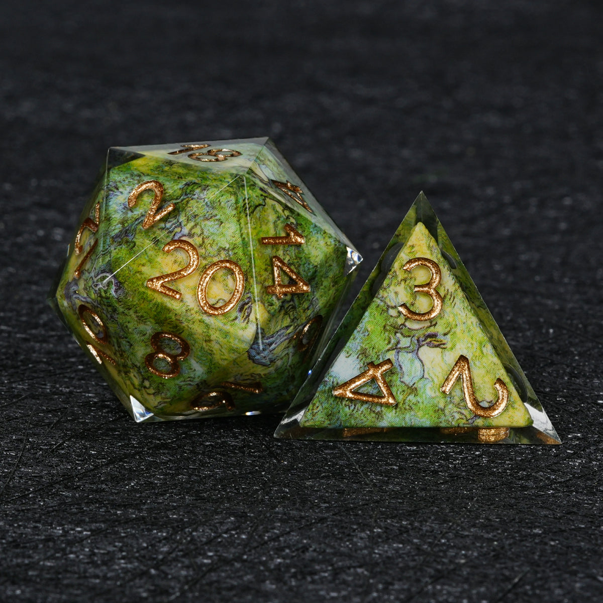 Green Map Resin Dice Set with Copper-Colored Numbers