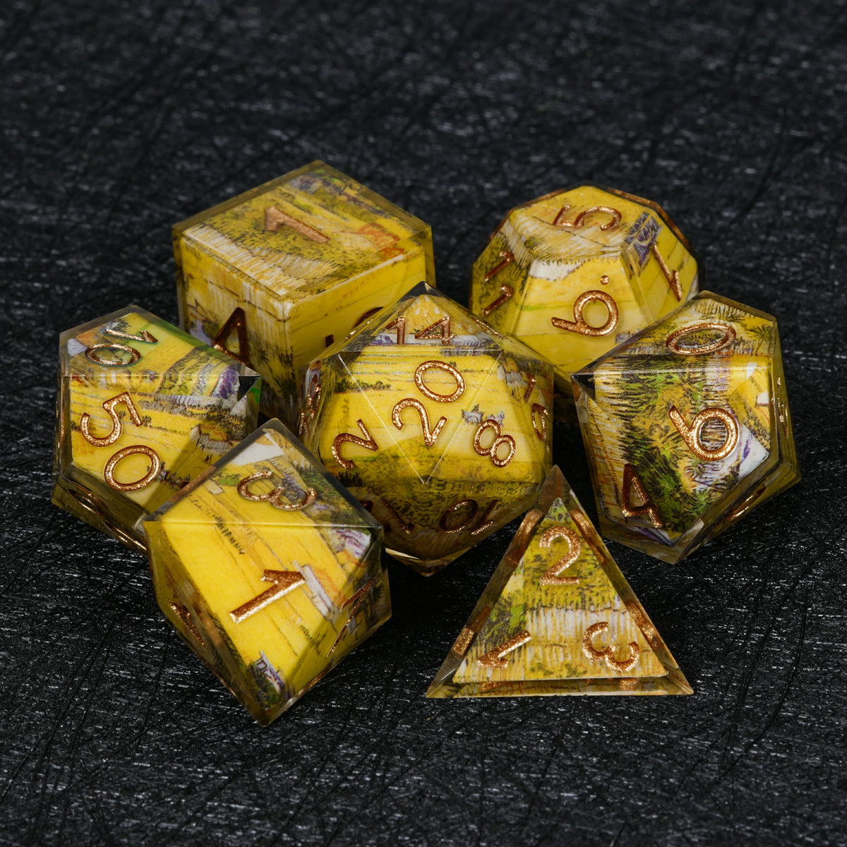 Yellow Landscape Resin Dice Set with Copper Numbers