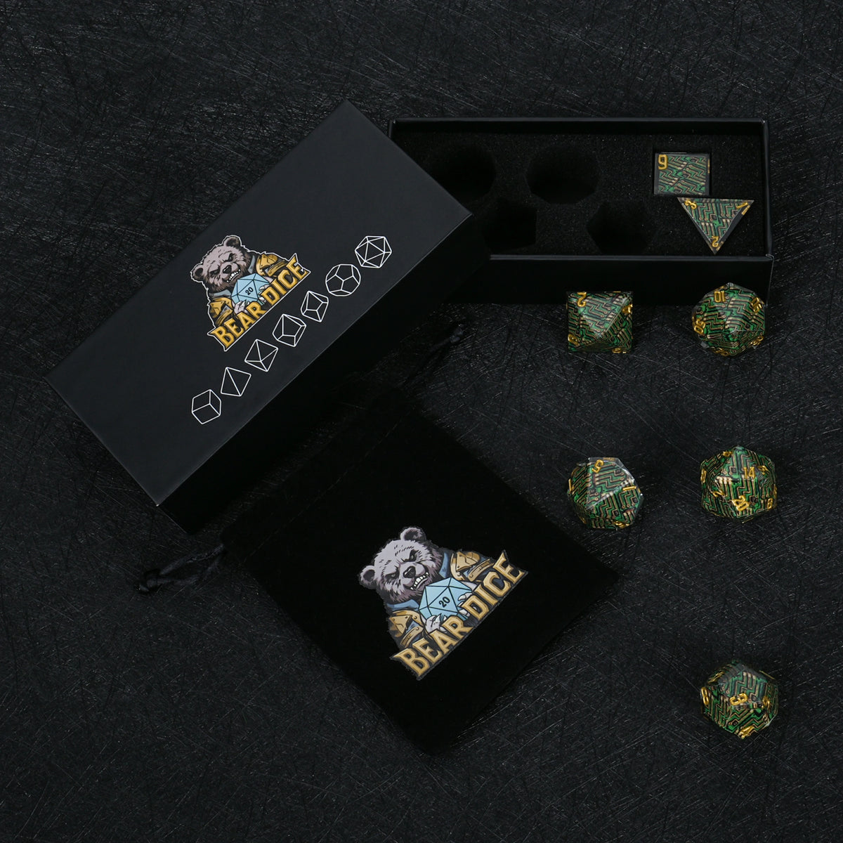 Circuit Board Resin Dice Set Green with Gold Numbers
