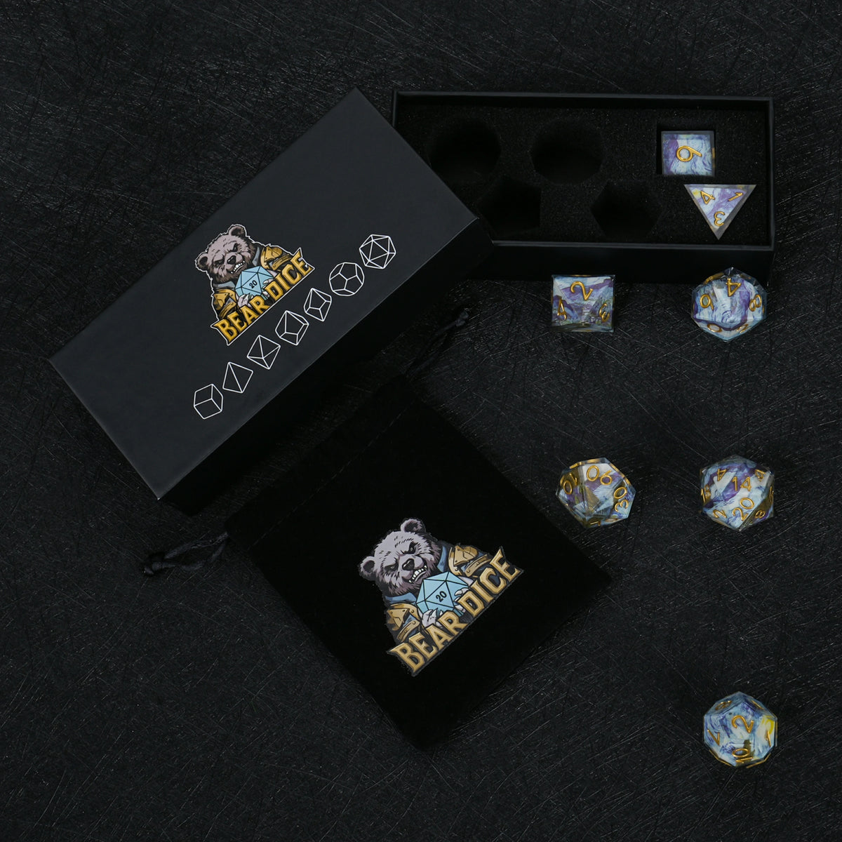Blue & Purple Decal Resin Dice Set with Gold Numbers