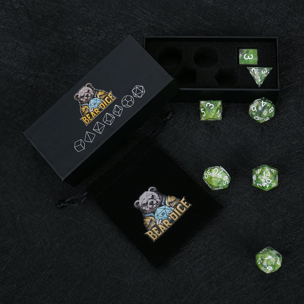 Floral Resin Dice Set Green Dice with White Numbers