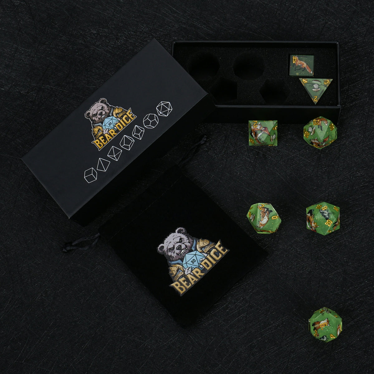 Fox Resin Dice Set Green Glitter with Gold Numbers