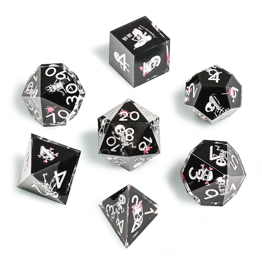 Funny Skull Black Resin DND Dice Set + Silver Numbers | Bear Dice