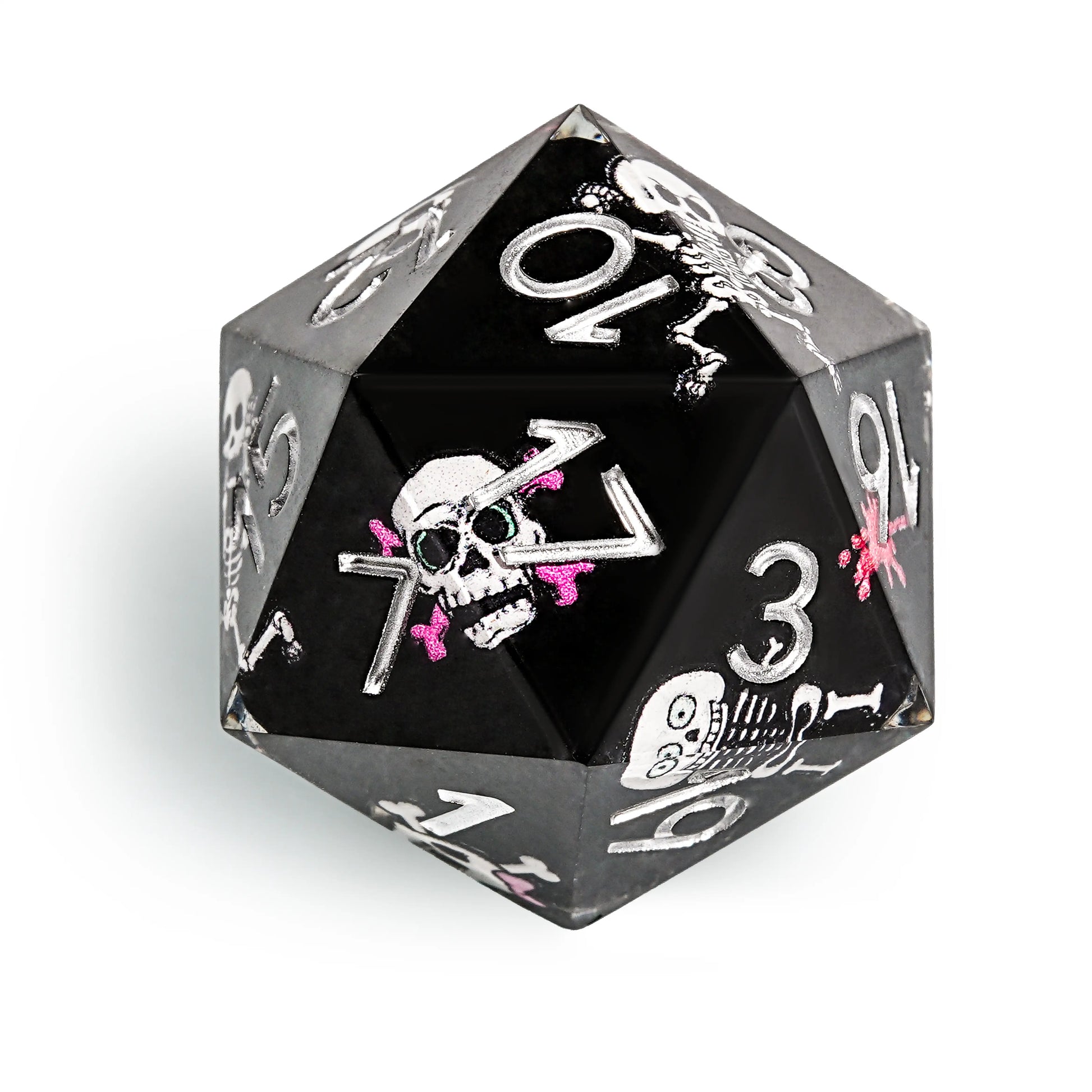 Funny Skull Black Resin DND D20 Dice + Silver Numbers | Bear Dice