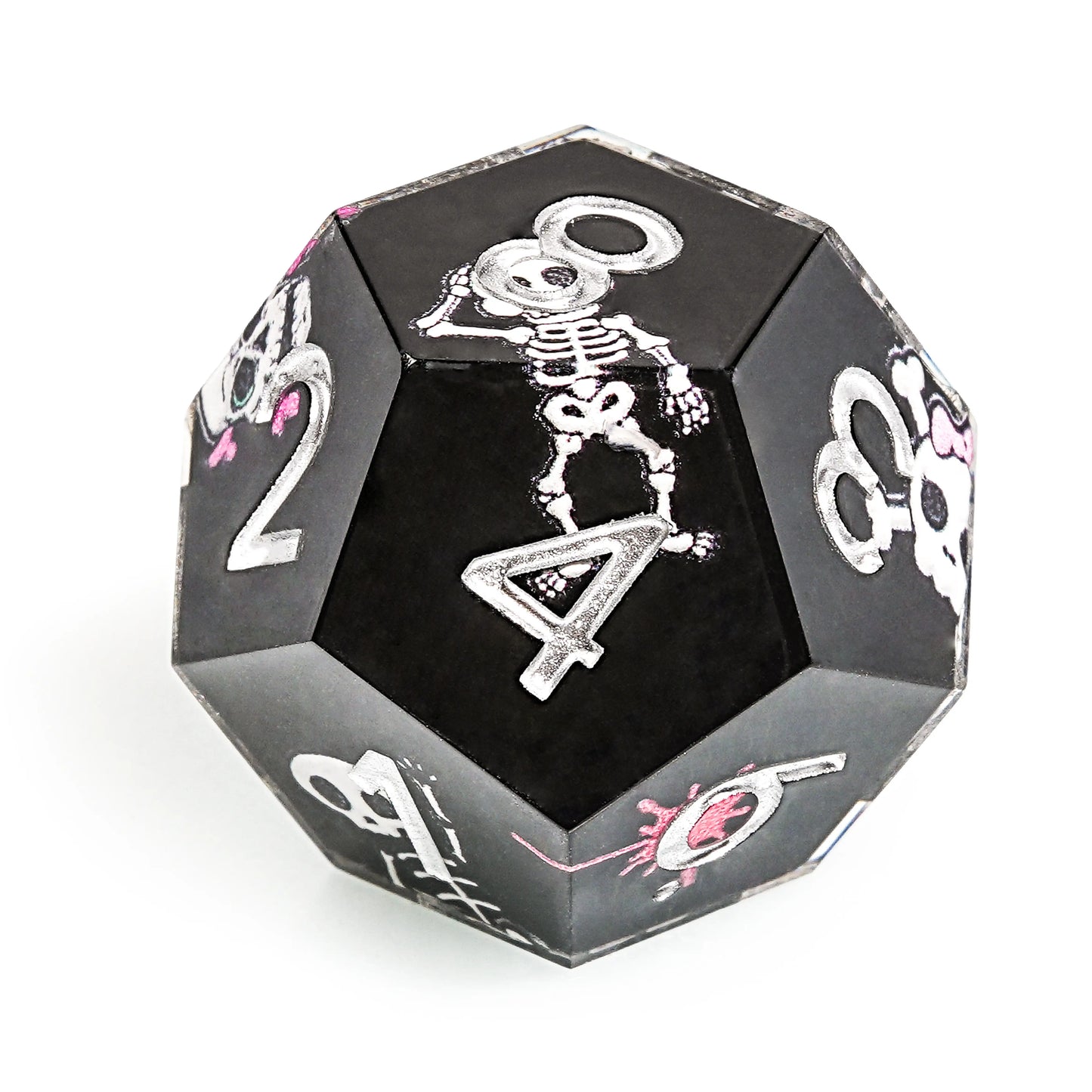 Funny Skull Black Resin DND D12 Dice + Silver Numbers | Bear Dice