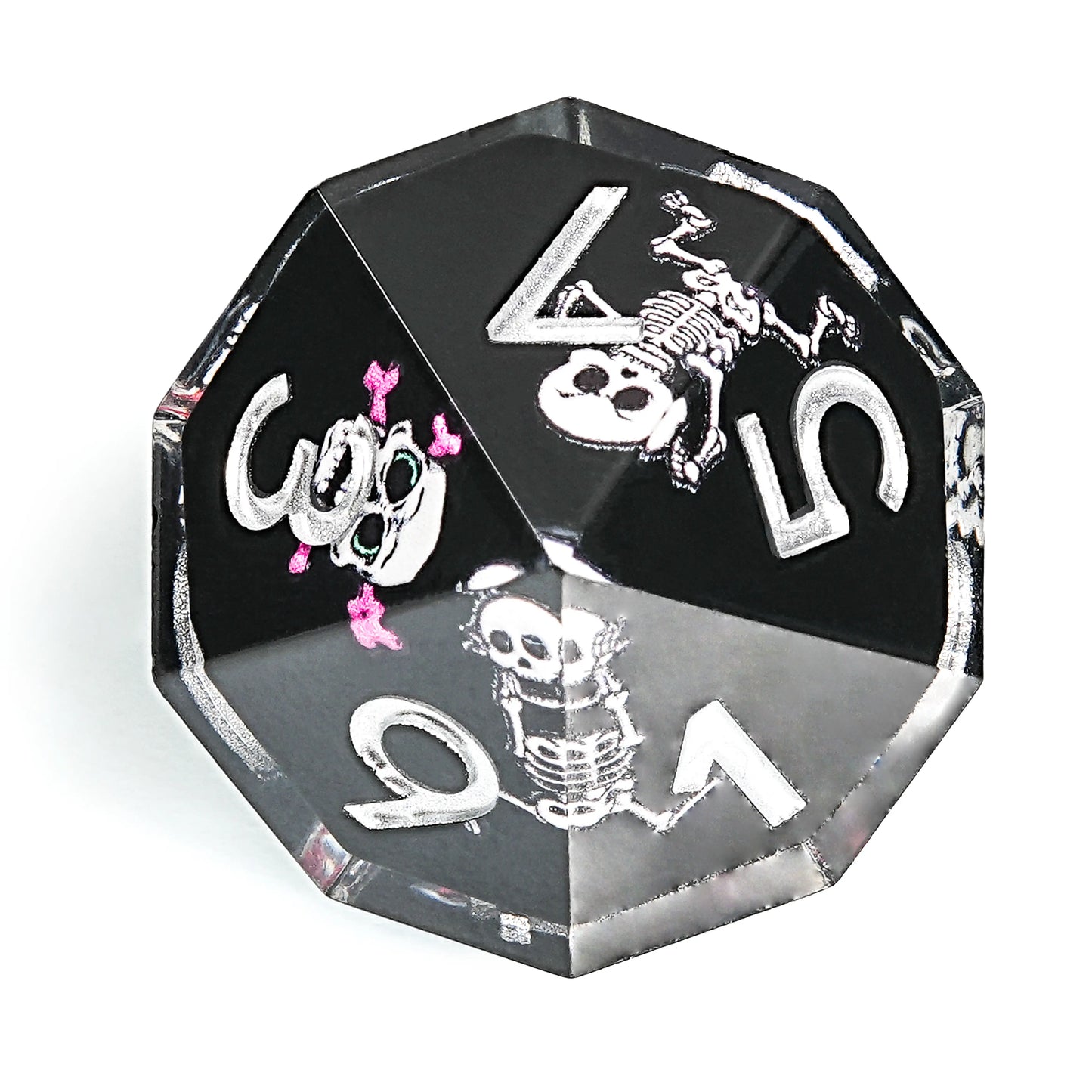 Funny Skull Black Resin DND D10 Dice + Silver Numbers | Bear Dice