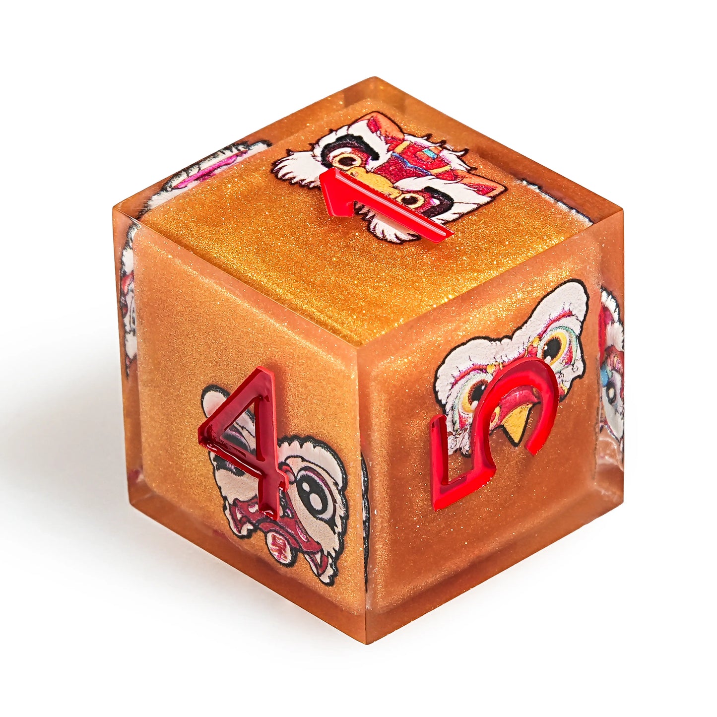 Oriental Style - Orange Waking Lion Element Resin DND D6 Dice | Bear Dice