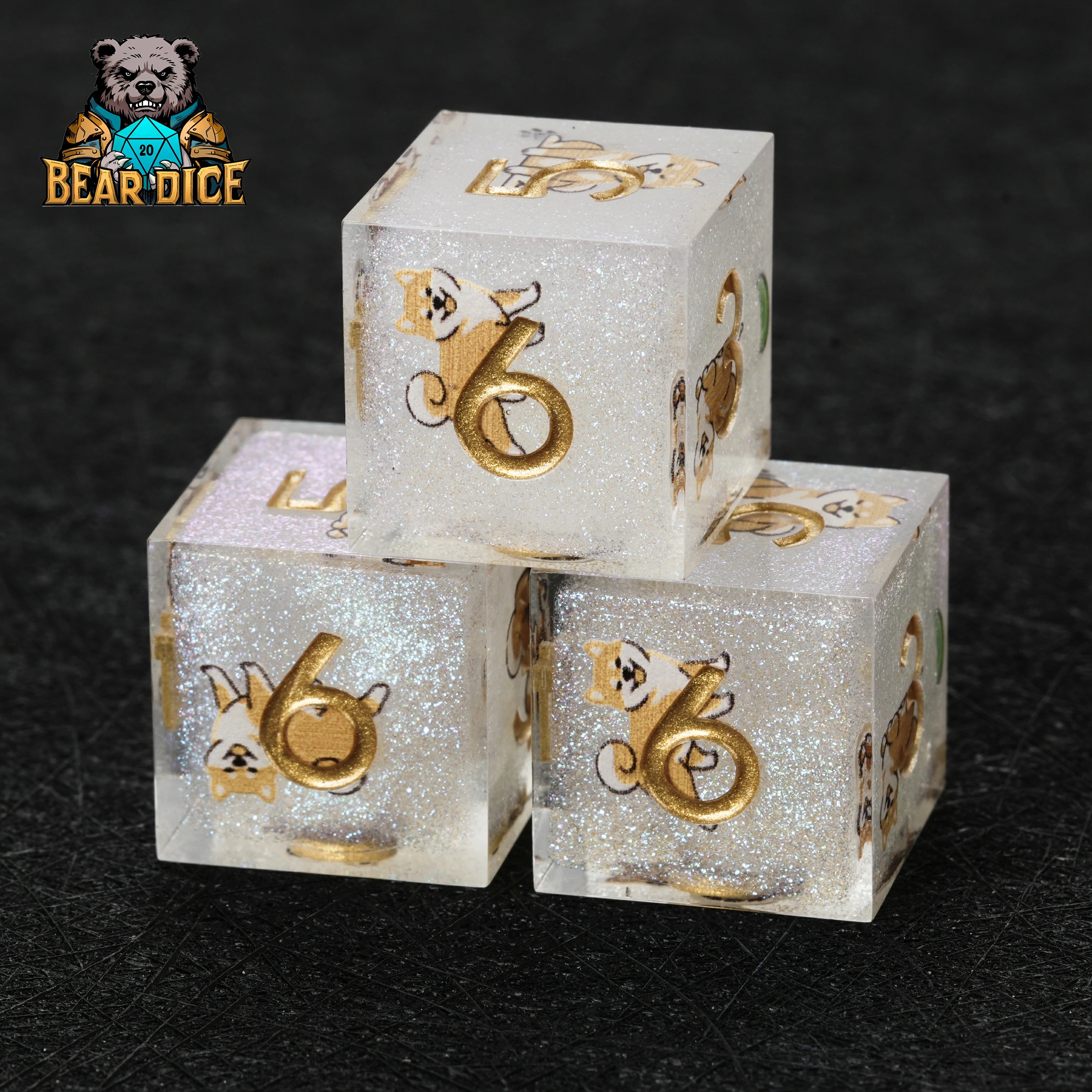 Shiba Inu White Glitter Resin DND D6 Dice | Cute RPG Dice Set