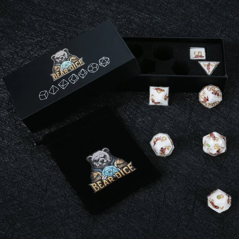 Kickstarter Dice – Handcrafted Dachshund Resin Dice Set with Black BearDice Dice Case and Bonus Black Velvet Drawstring Dice Bag | Bear Dice