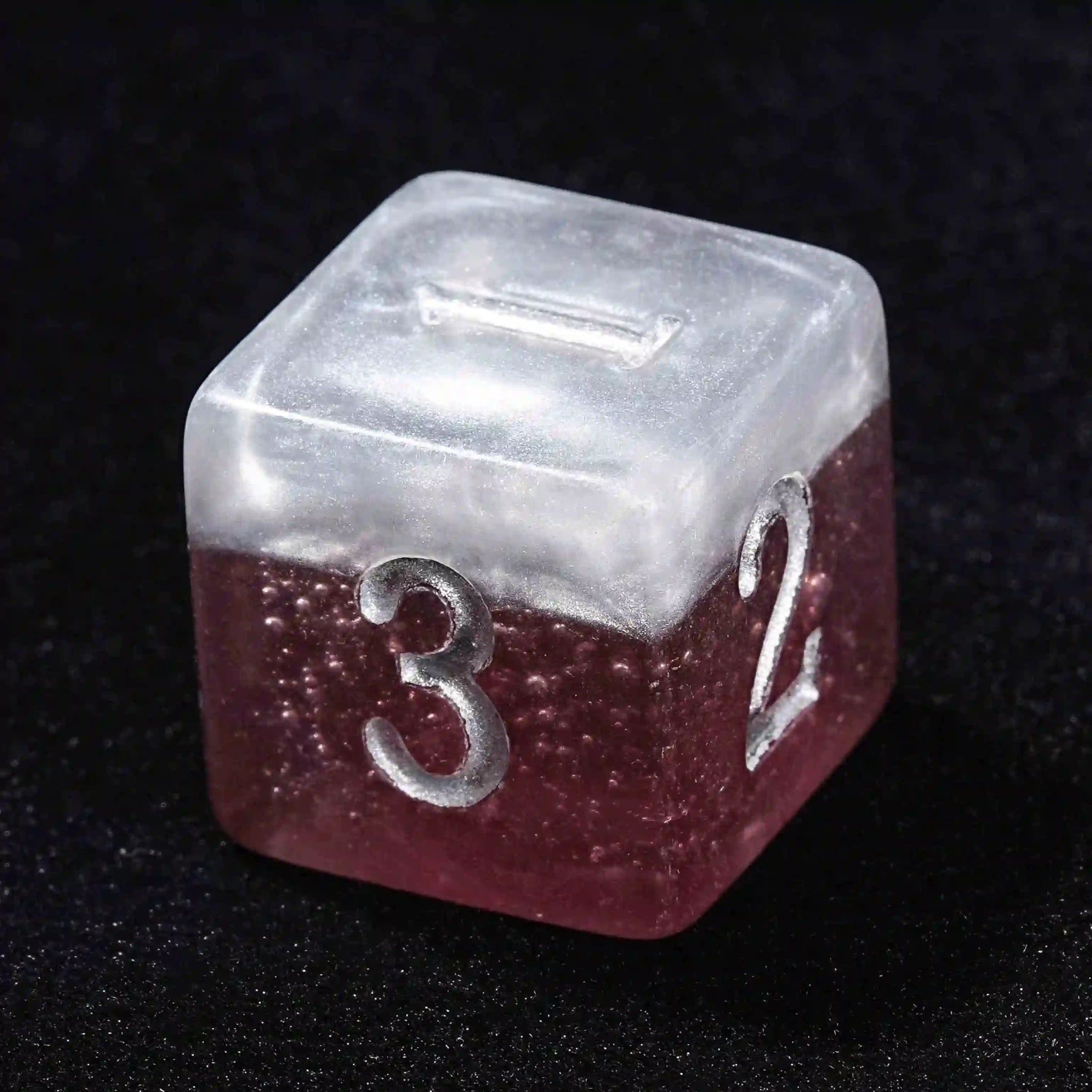 Dark beer D6 dice with silver numbers, brown-red resin, and white beer foam | Bear Dice