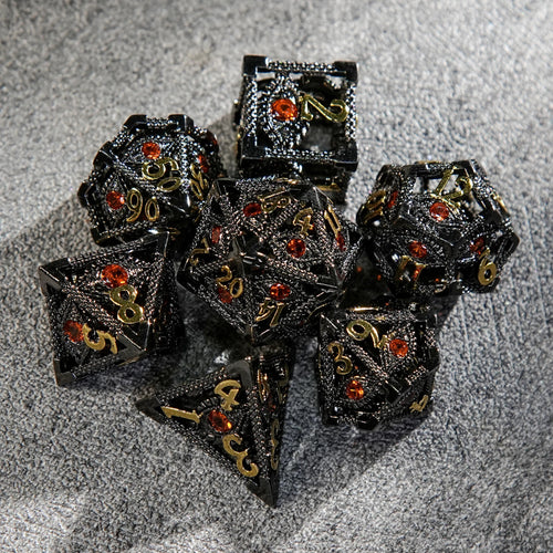 Ruby Demon's Eye Black Metal Hollow DND Dice Set with Engraved Gold Numbers, Perfect for Tabletop Role-Playing Games like Call of Cthulhu and Pathfinder | Bear Dice