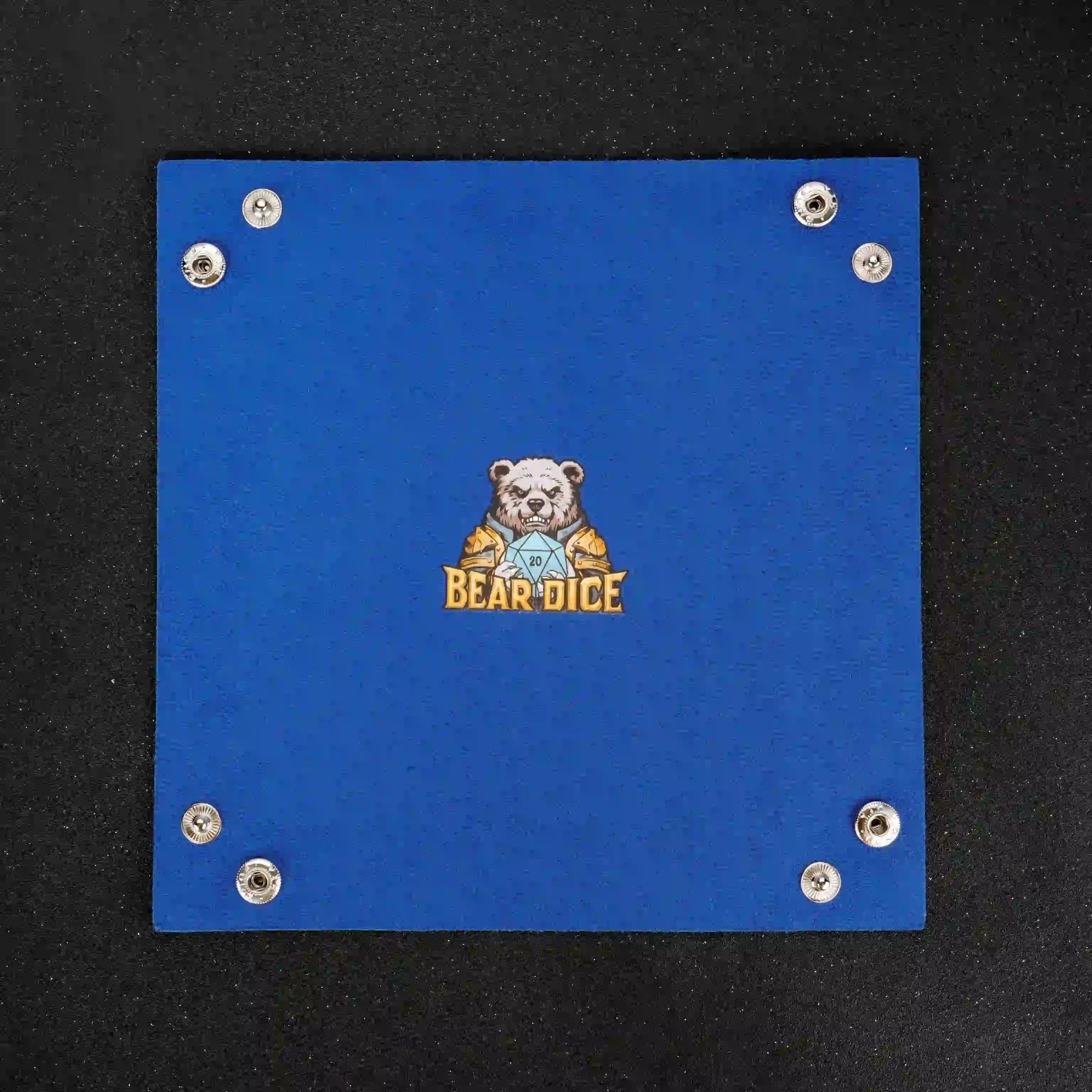 Blue folding dice tray, with custom logo and snaps | BearDice