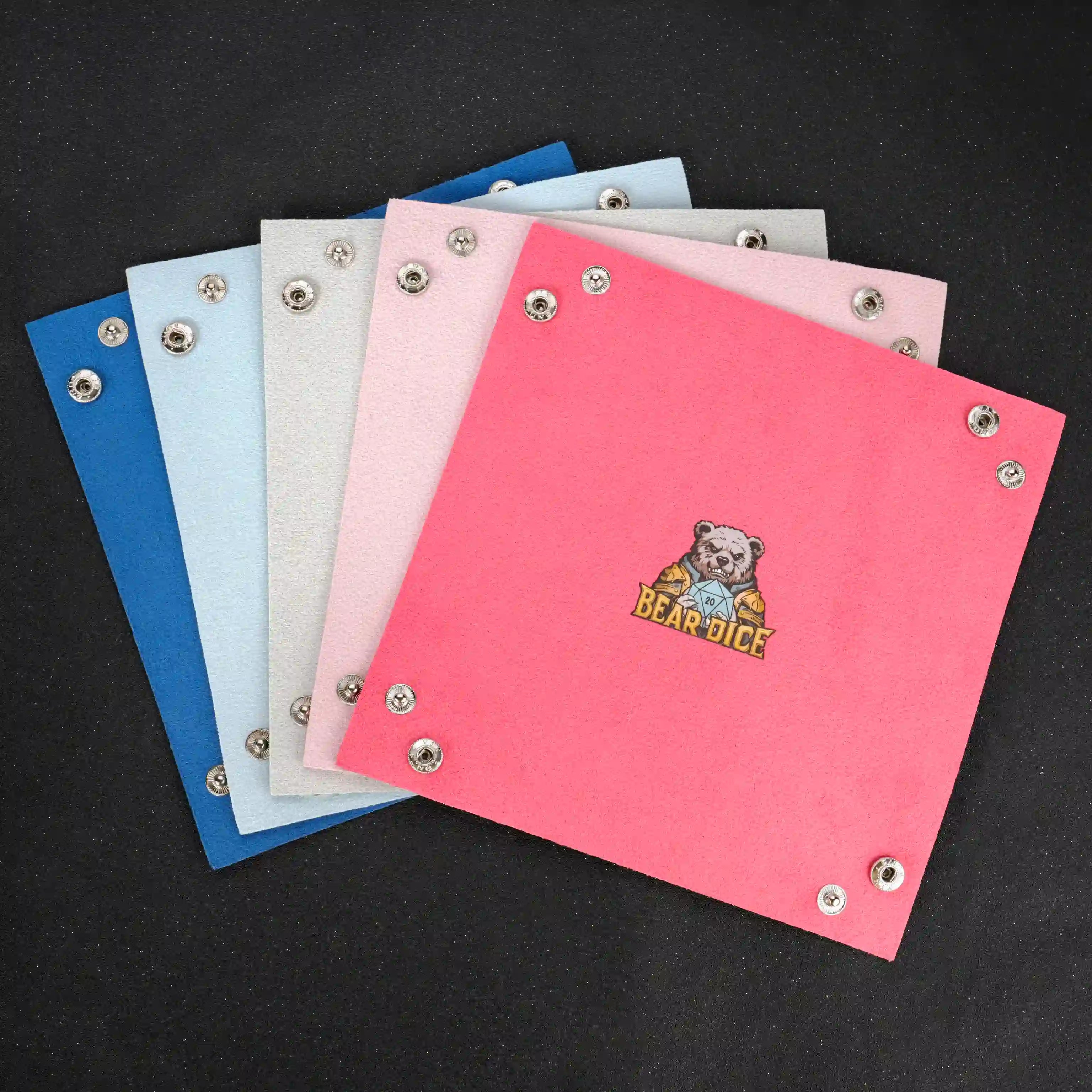 Folding dice tray, available in multiple colors (dark blue, light blue, green, light pink, red), with snaps and BearDice logo | BearDice