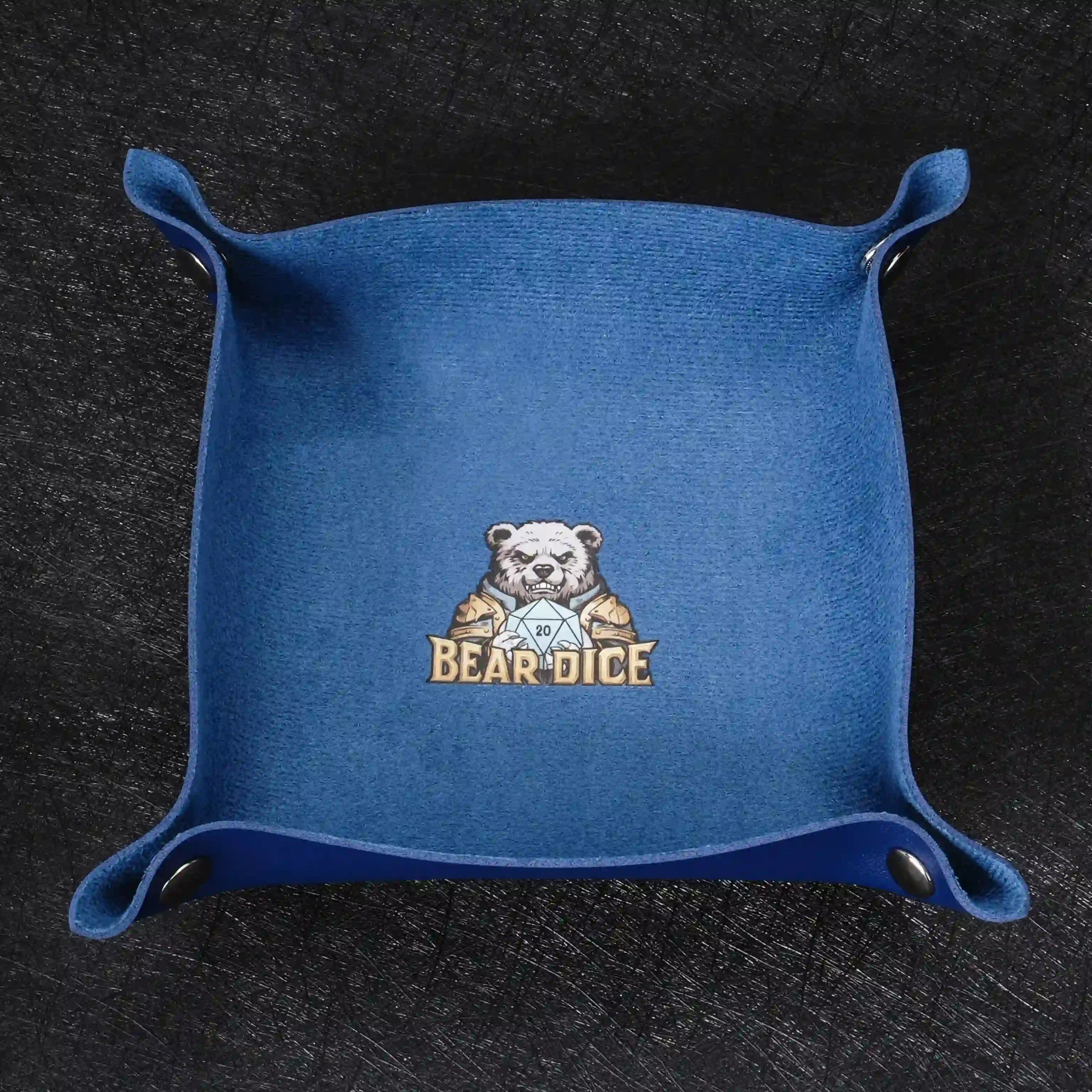 Blue folding dice tray, with  BearDice logo and snaps | BearDice