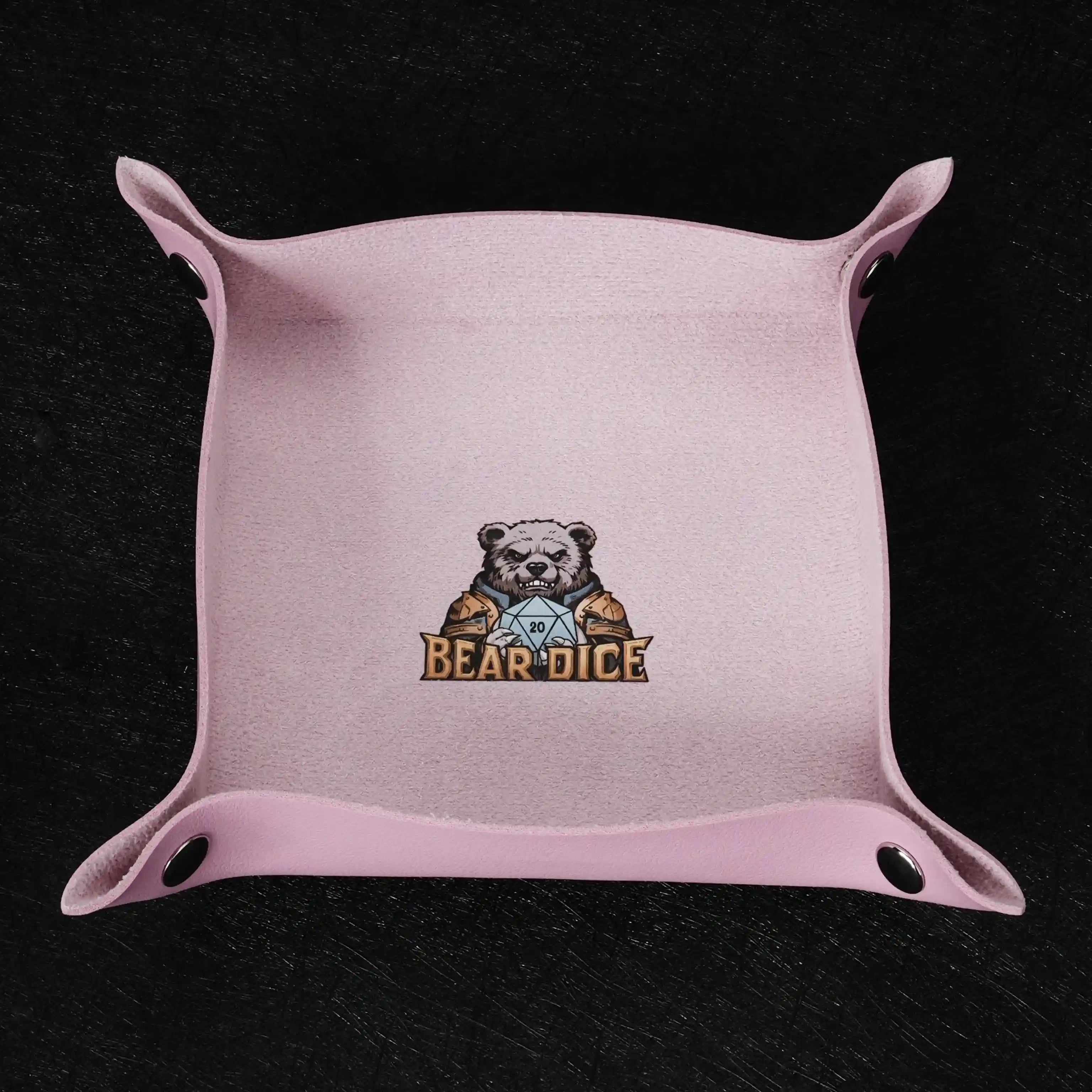 Light pink folding dice tray with  BearDice logo and snaps | BearDice