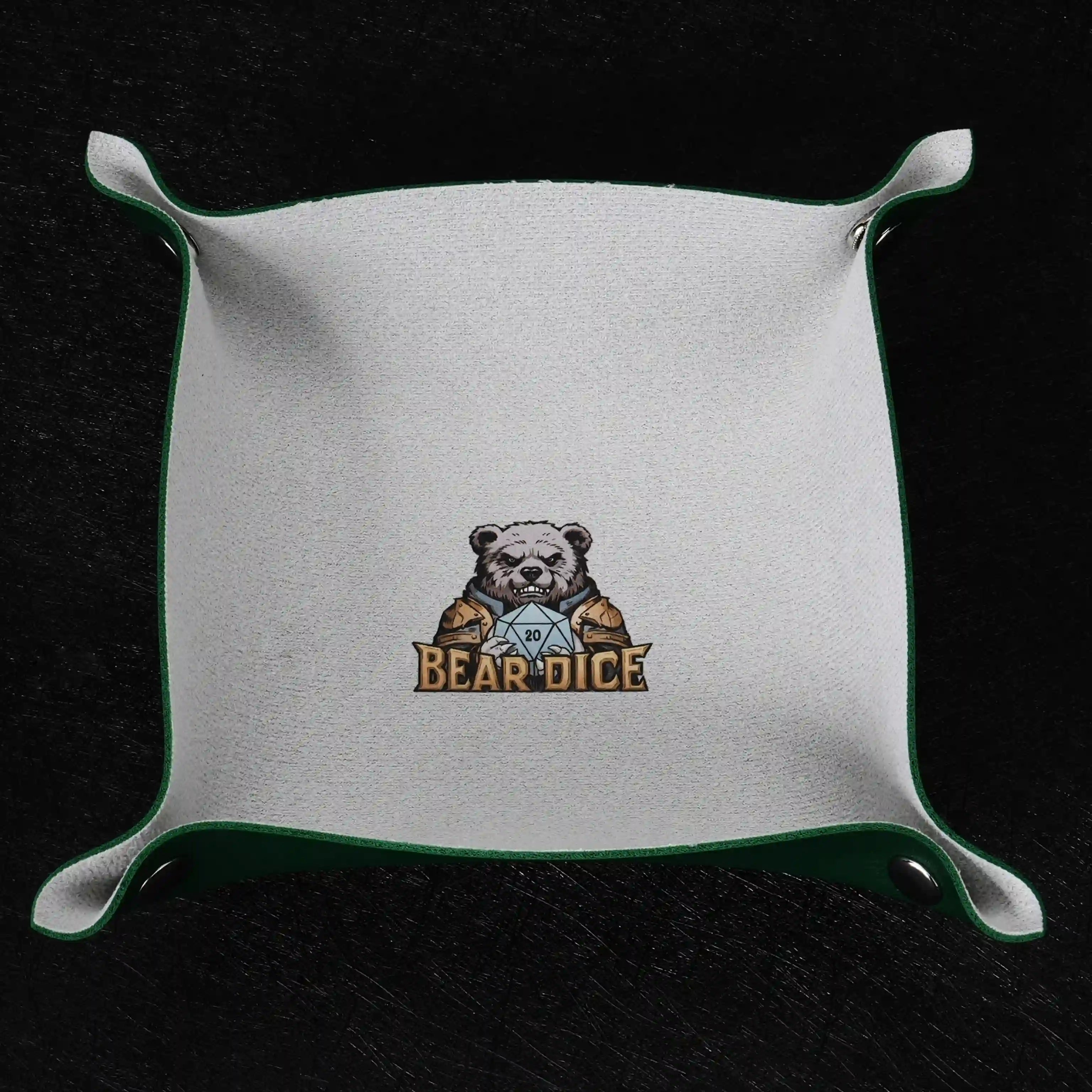 Green folding dice tray with  BearDice logo and snaps | BearDice