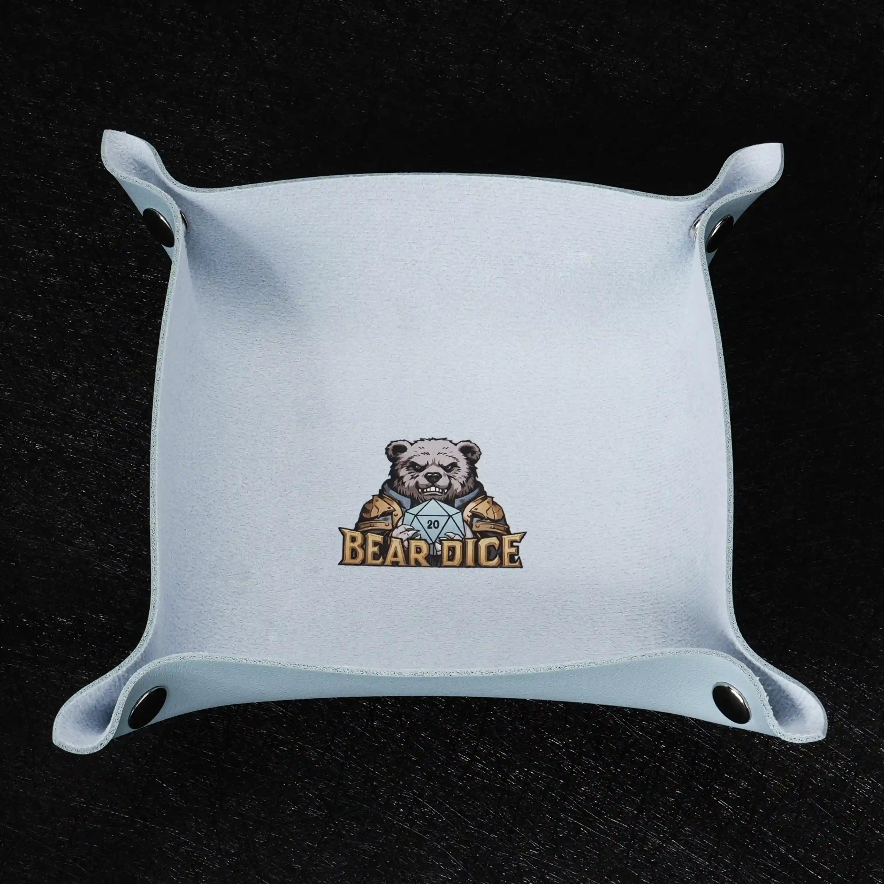 Light blue folding dice tray with  BearDice logo and snaps | BearDice