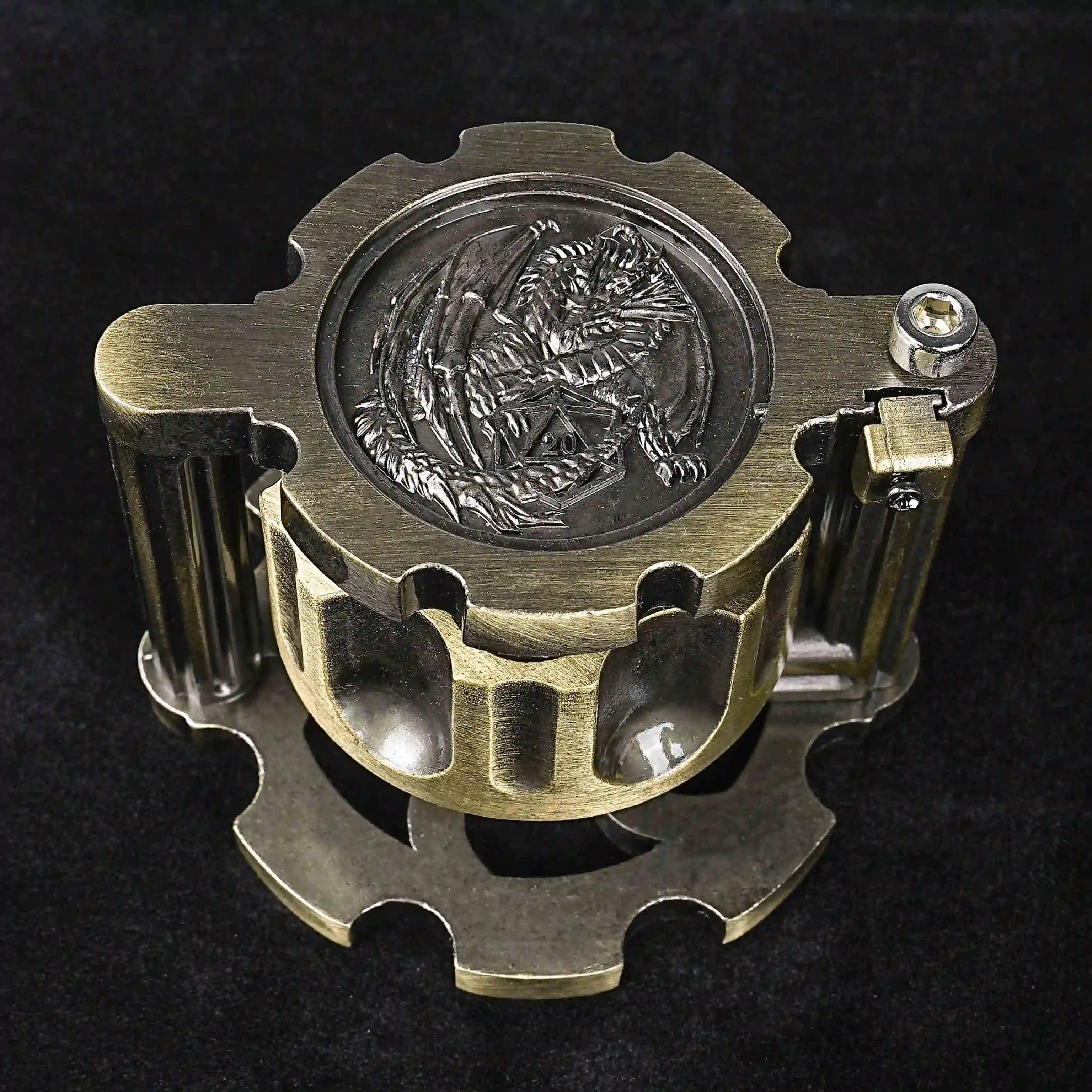 Unique Dice: Spinning revolver cylinder container contains 7 cool bronze dnd bullet dice | Bear Dice