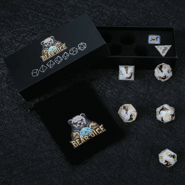 Kickstarter Dice – Handcrafted Doberman Resin Dice Set with Black BearDice Dice Case and Bonus Black Velvet Drawstring Dice Bag | Bear Dice