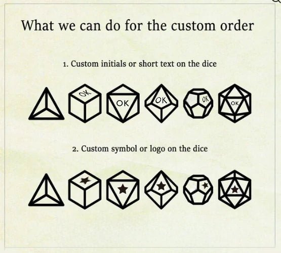 Bear Dice's customizable personalized dice service: engrave text and logos, print patterns on personalized dice.