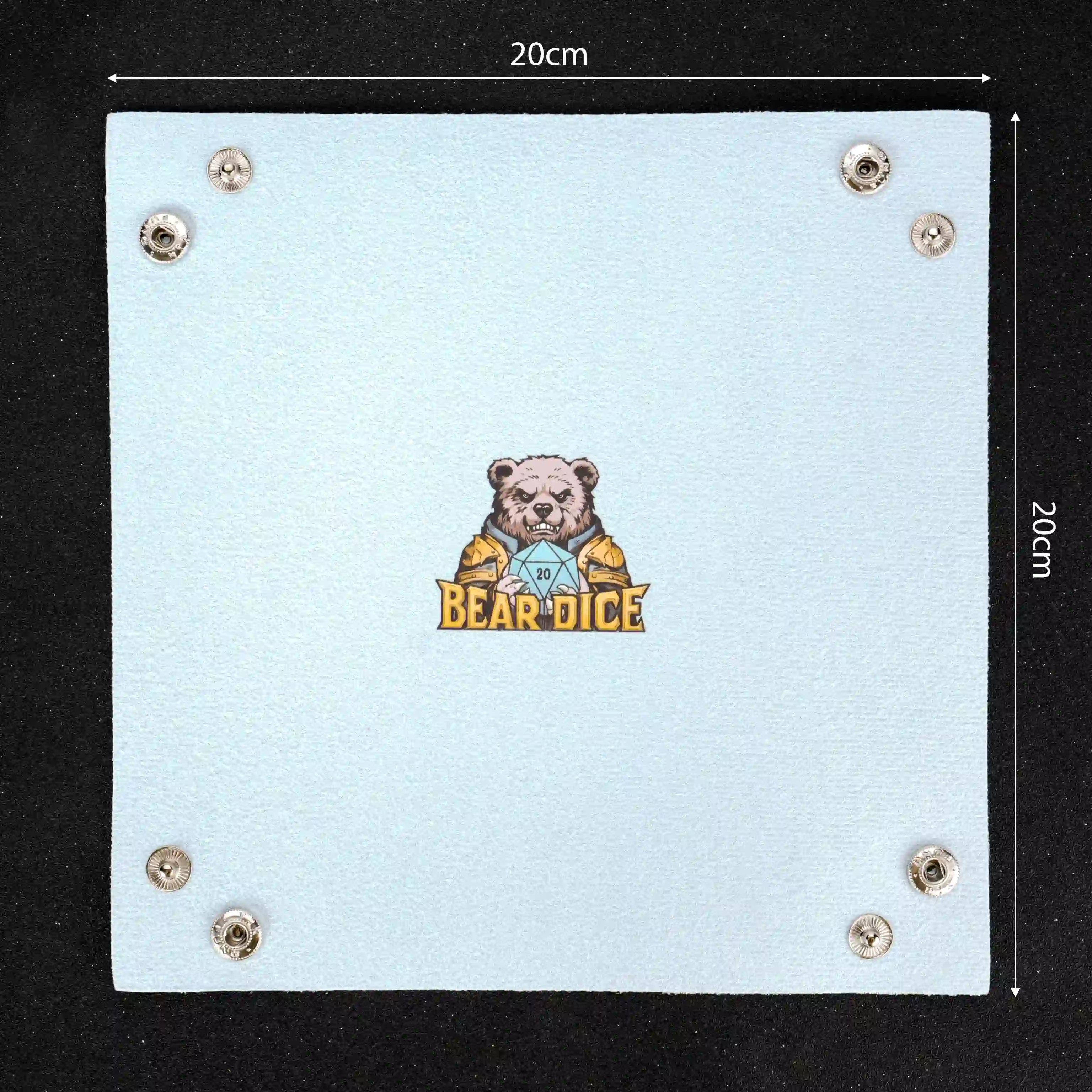 Four-corner button leather dice tray, with BearDice logo size chart, 20cm long, 20cm wide | Bear Dice