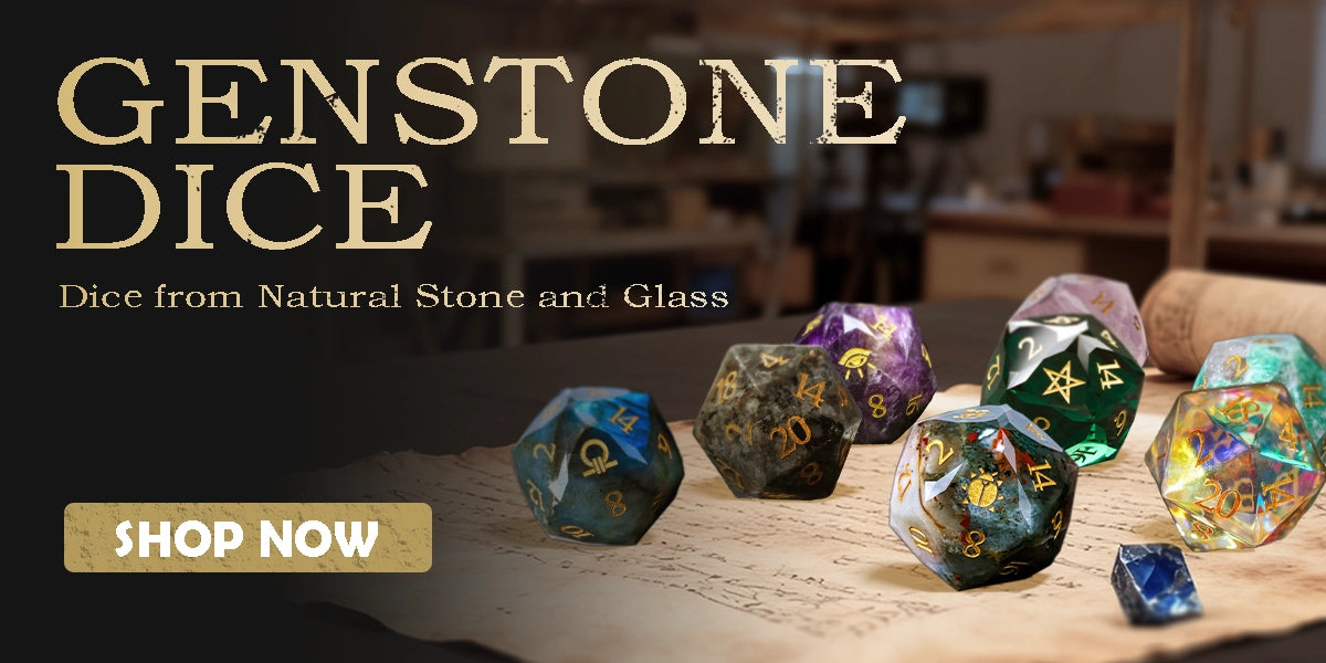 Handcrafted natural stone and glass dice set | Genstone Dice banner | BearDice