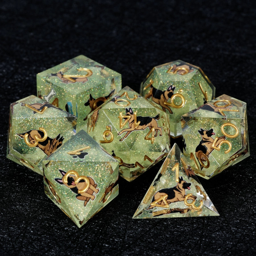 Kickstarter Dice – Handmade Green Glitter Resin German Shepherd DND Dice Set with Sharp Edges | Bear Dice