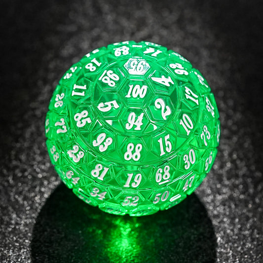 Cool Glow-in-the-Dark Green Acrylic D100 Dice with White Numbers | Bear Dice