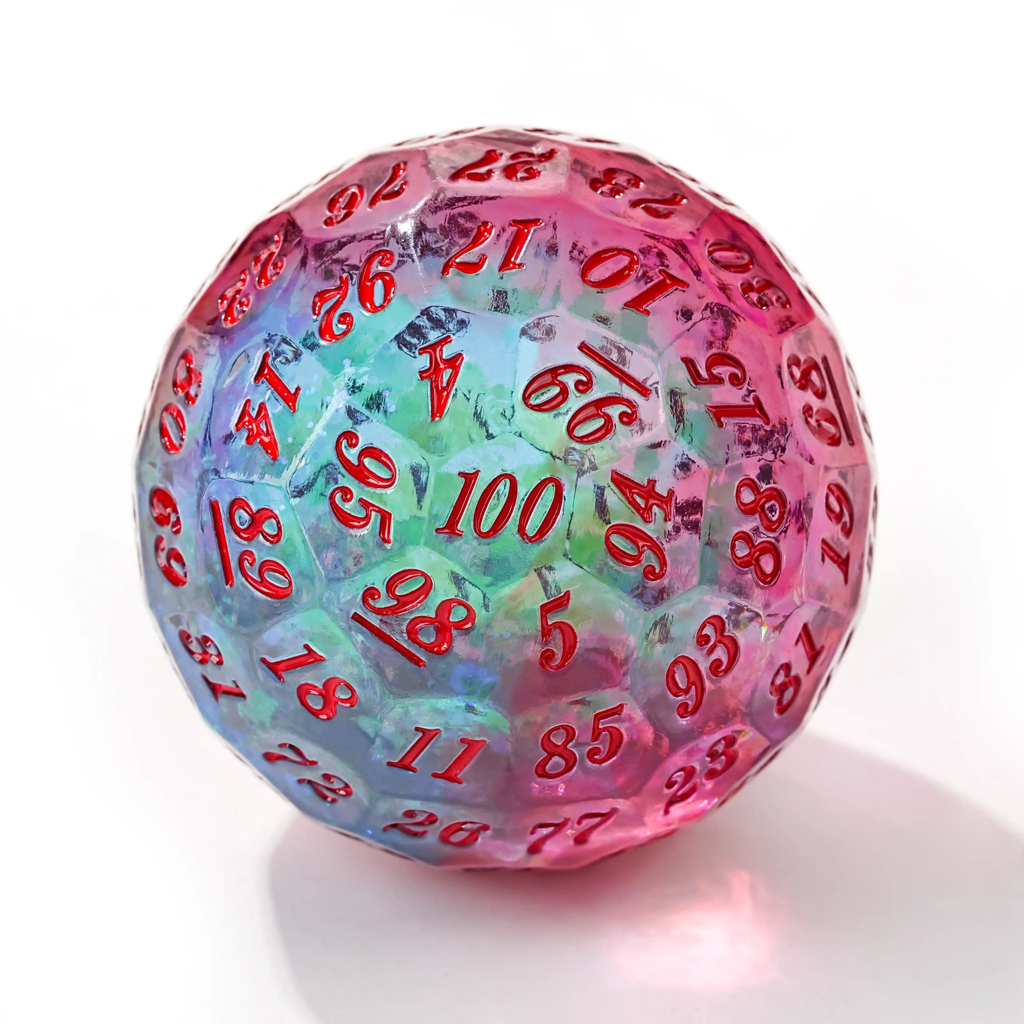 Gradient Pink Quicksand Resin D100 Dice - 50mm Transparent 100-Sided Dice Ball with Red Numbers | Bear Dice