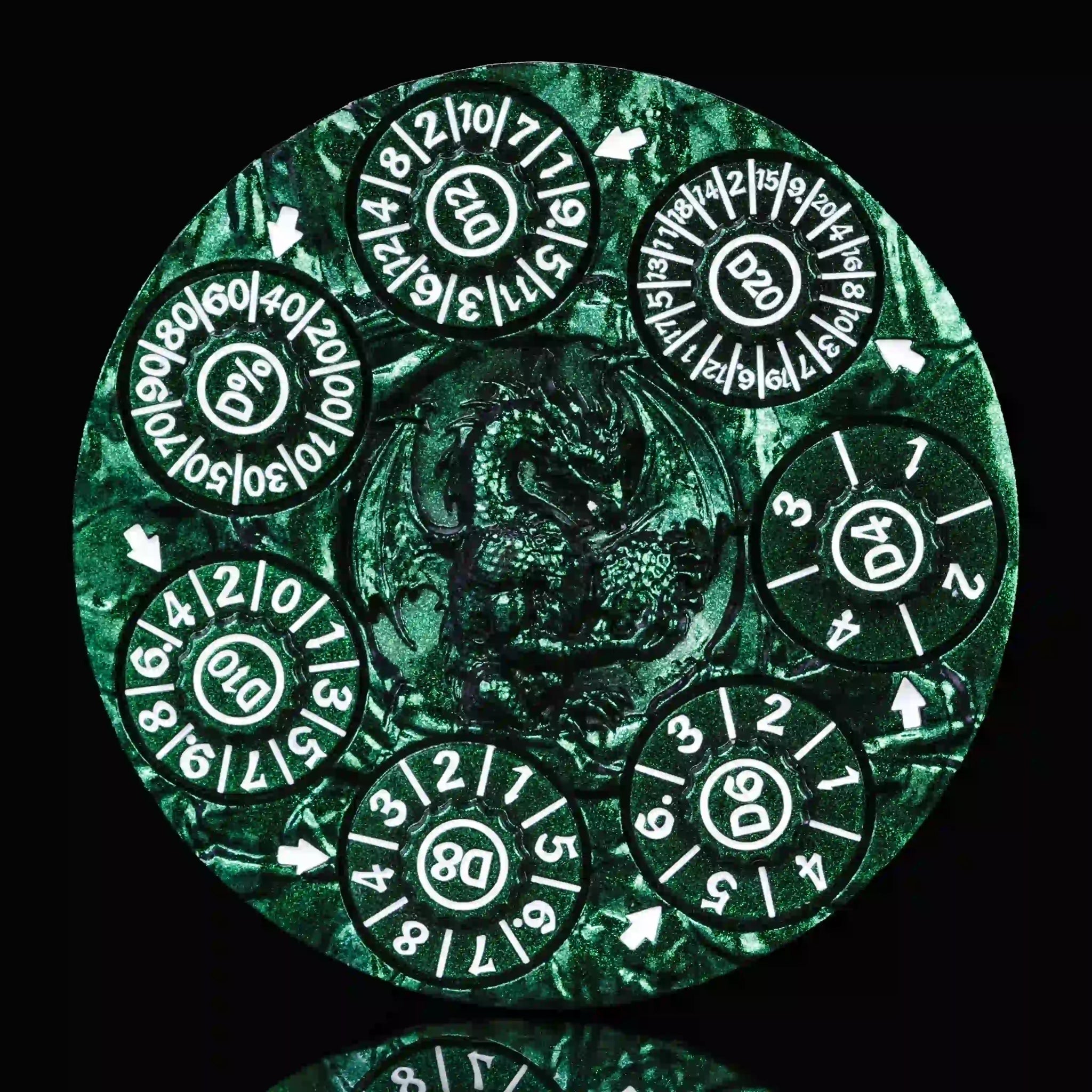 Unique Dice Wheel: Green 7-in-1 Metal 3D Embossed Dragon DND Spinning Wheel Dice, White Numbers | Bear Dice