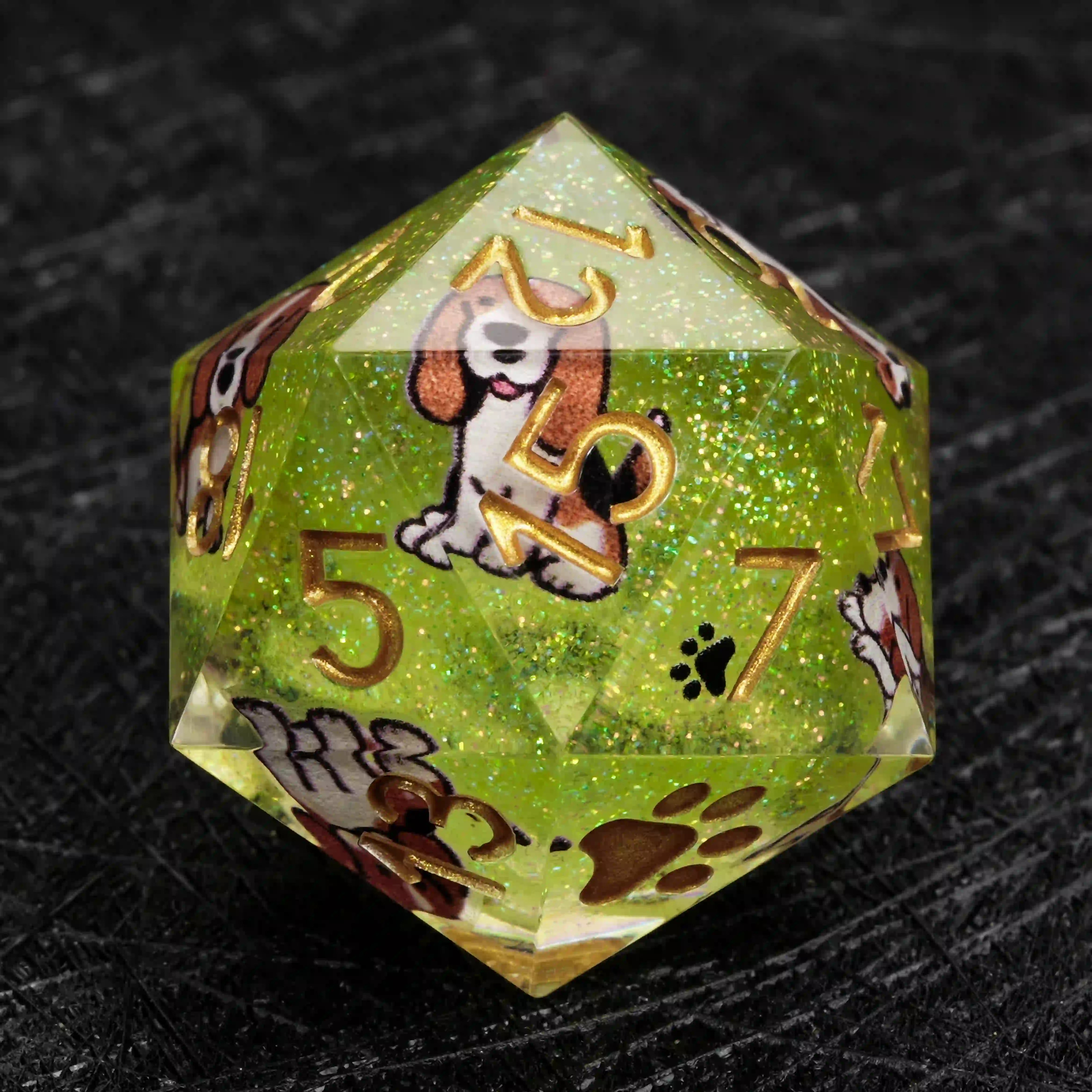 Kickstarter Dice – Green Glitter Resin Beagle DND D20 Dice with Gold Numbers | Bear Dice