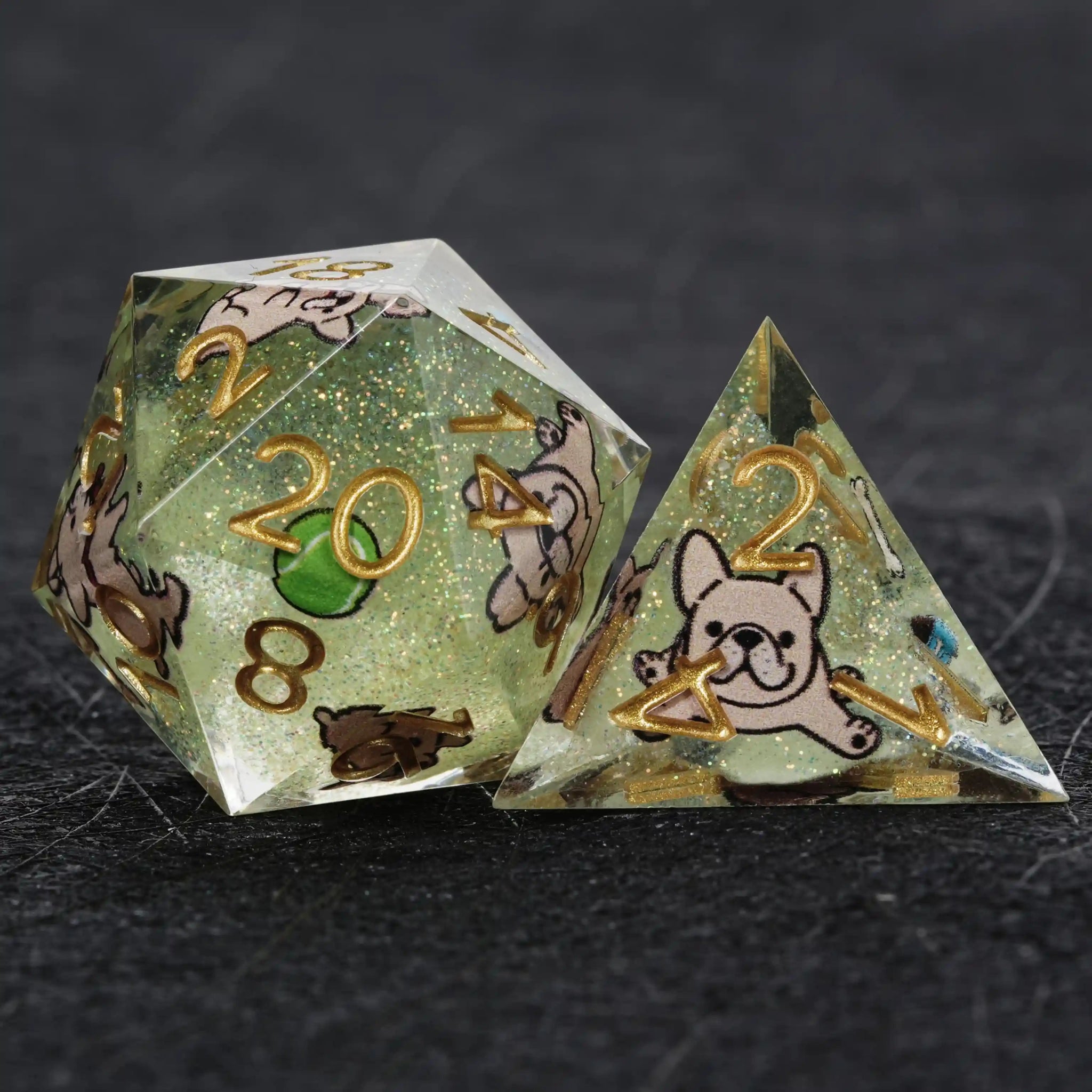 Kickstarter Dice – Green Glitter Resin Bulldog DND D20 and D4 Dice | Bear Dice
